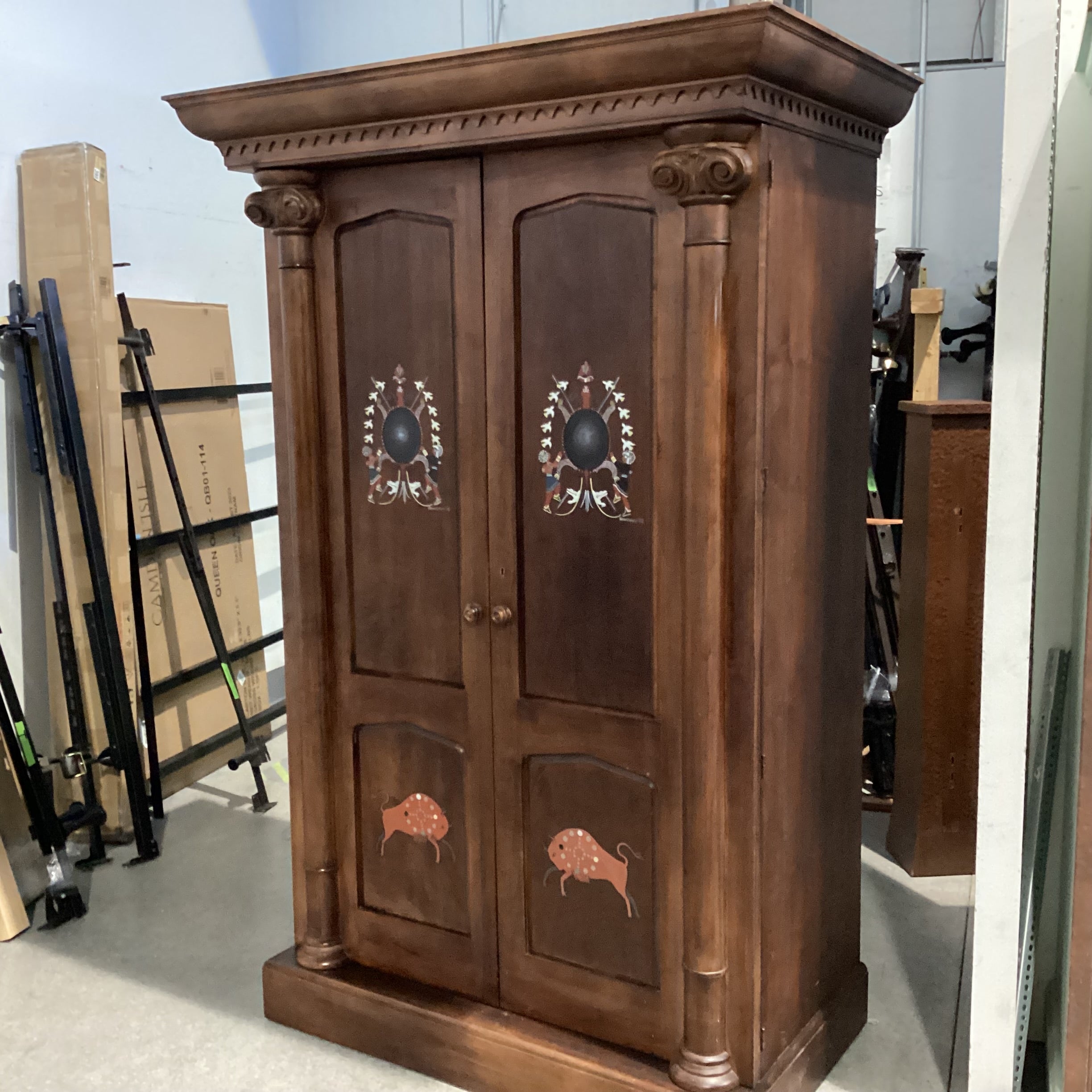 Custom Hand Painted Cheyenne Crow & Sioux Medicine Wheel Dark Finish Carved Wood Wardrobe Armoire 52.5"x 30.5"x 81"