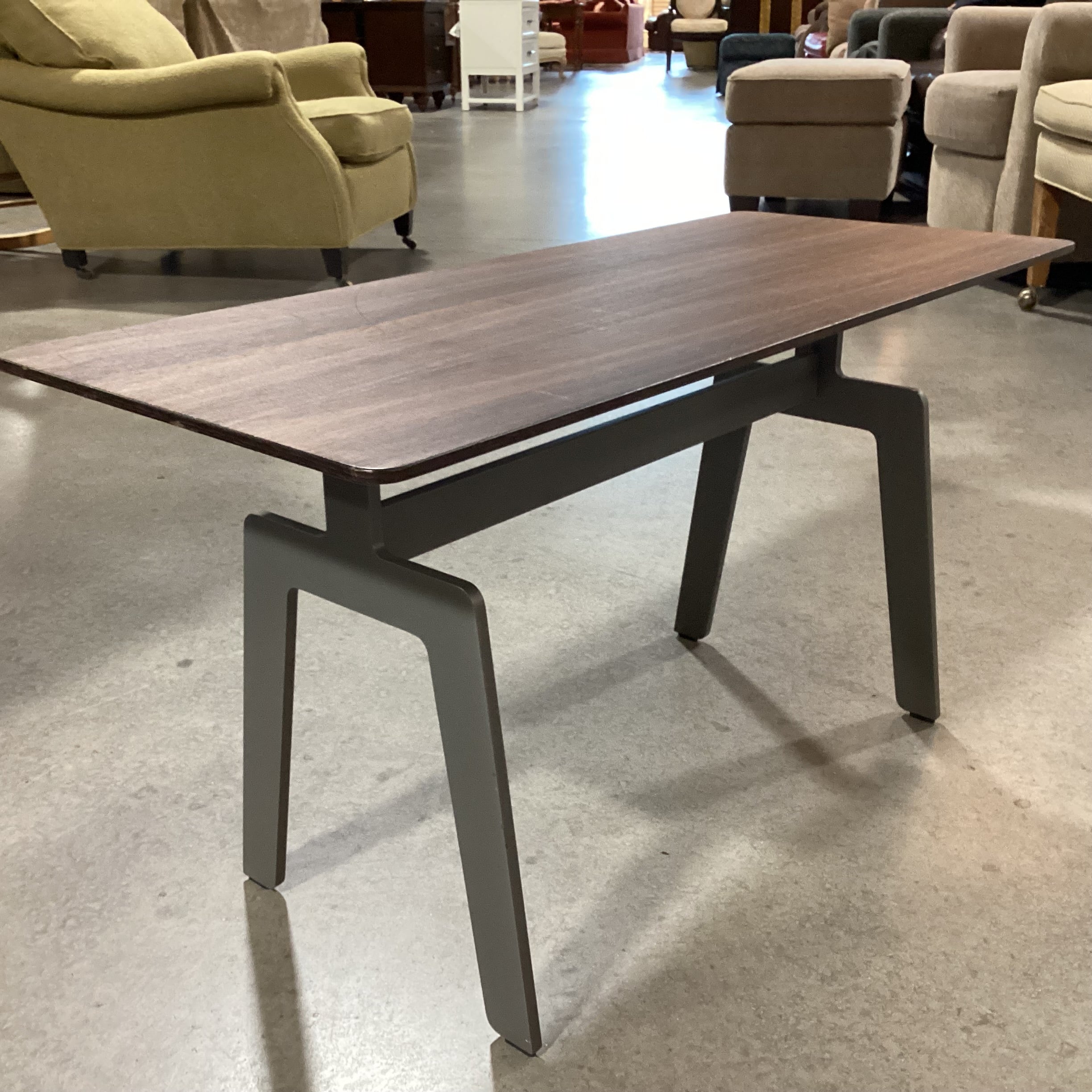 Poliform Italian Modern Walnut Veneer & Grey Steel Trestle Base Coffee Table 34.5"x 14.5"x 18"