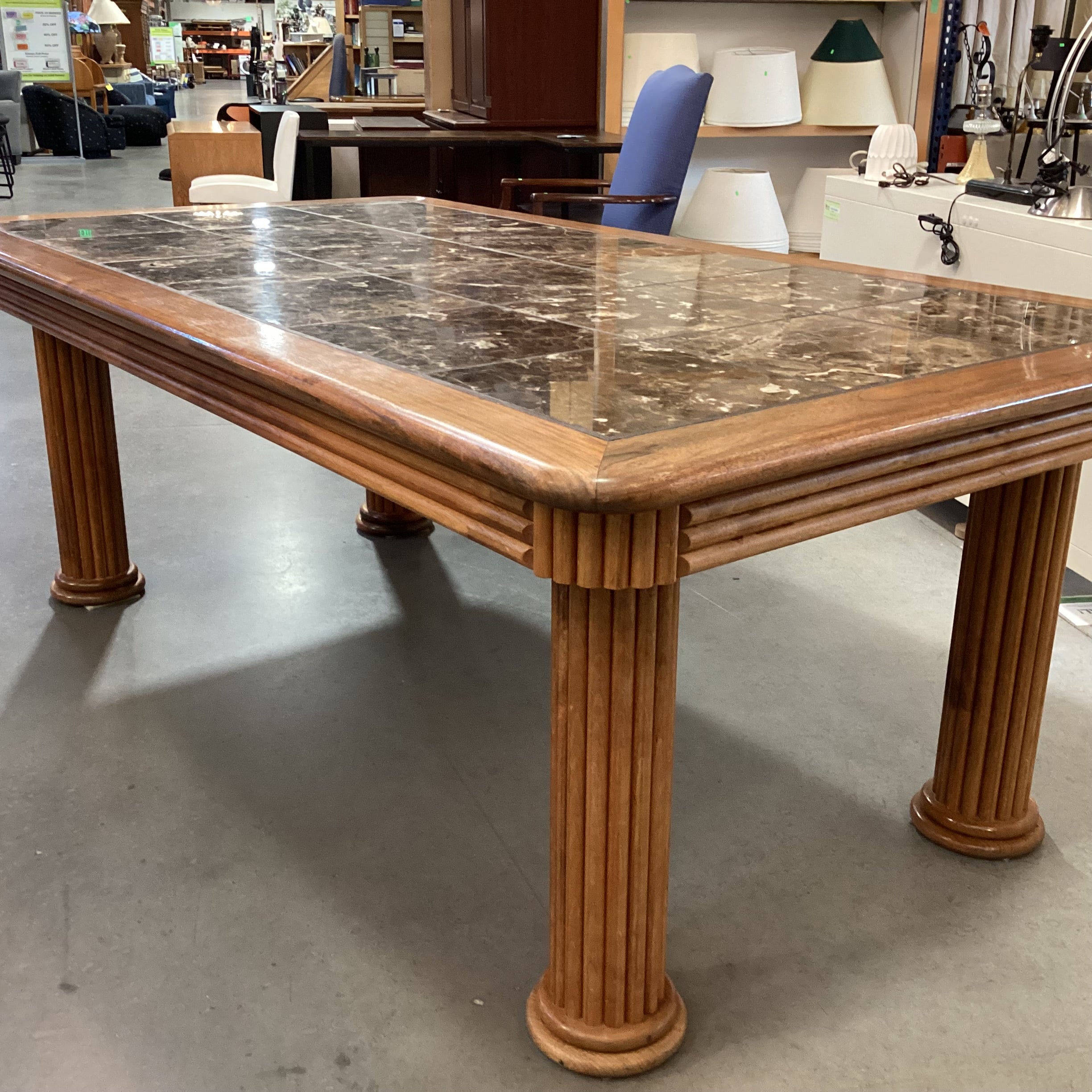 Oak with Ribbed Detail Column Legs & Stone Tile Inset Dining Table 82"x 45"x 30"