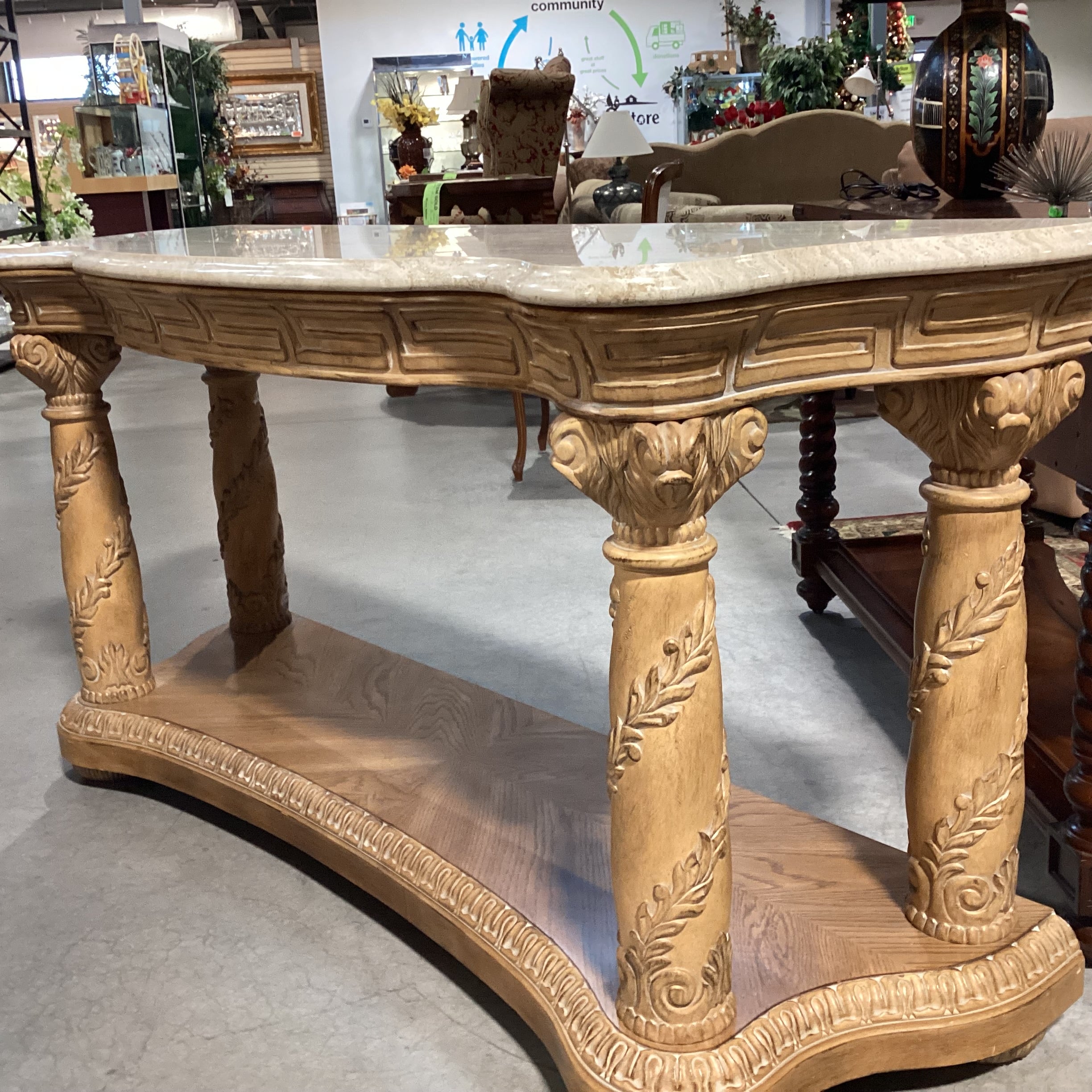 Bernhardt Athena Collection Ornate Carved Light Finish & Travertine Style Stone Console Sofa Table 66"x 21"x 34"
