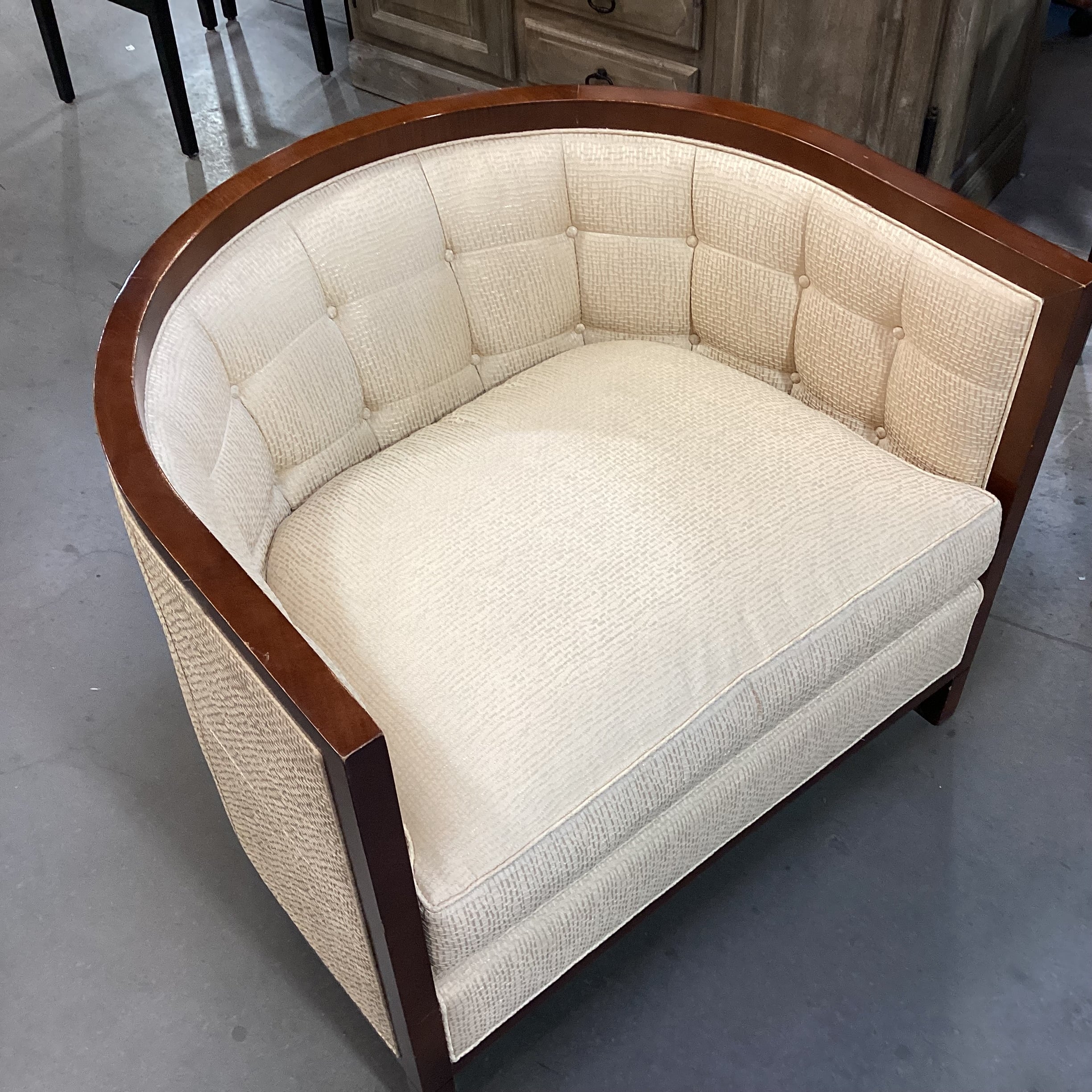 Baker Furniture Golden Silky Woven with Button Tufting Half Moon Chair 36"x 31"x 30.5"