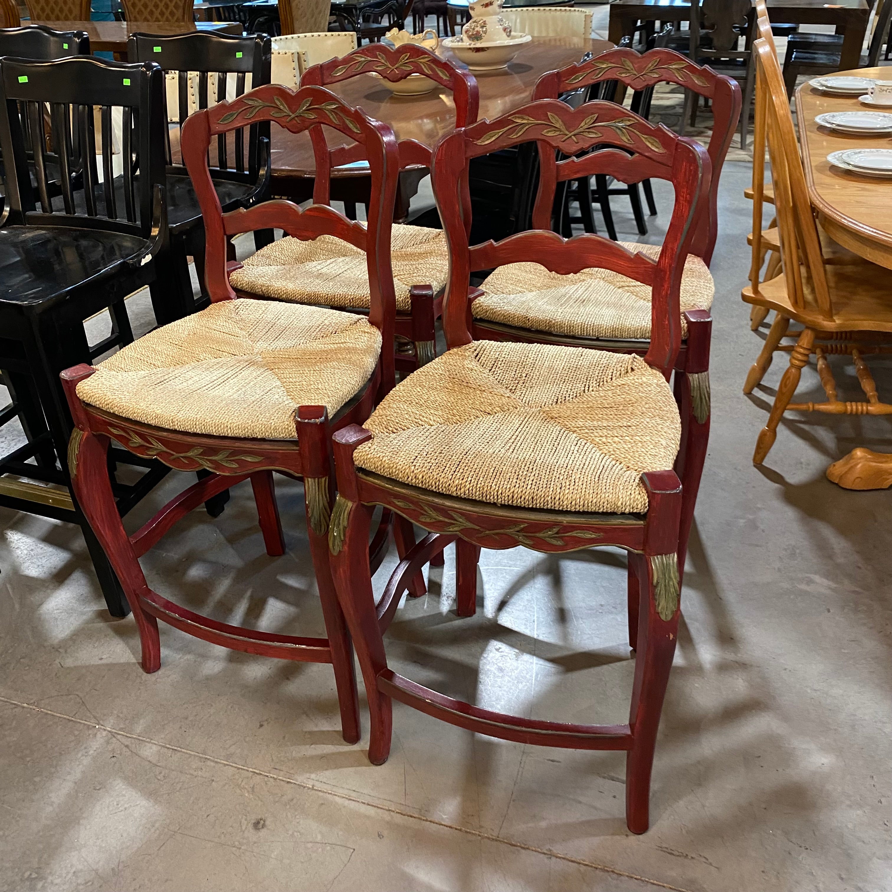 Set of 4 Red Varnished Rush Seat Gold Carved Accents Counter Bar Stool 42"x 18"x 18"