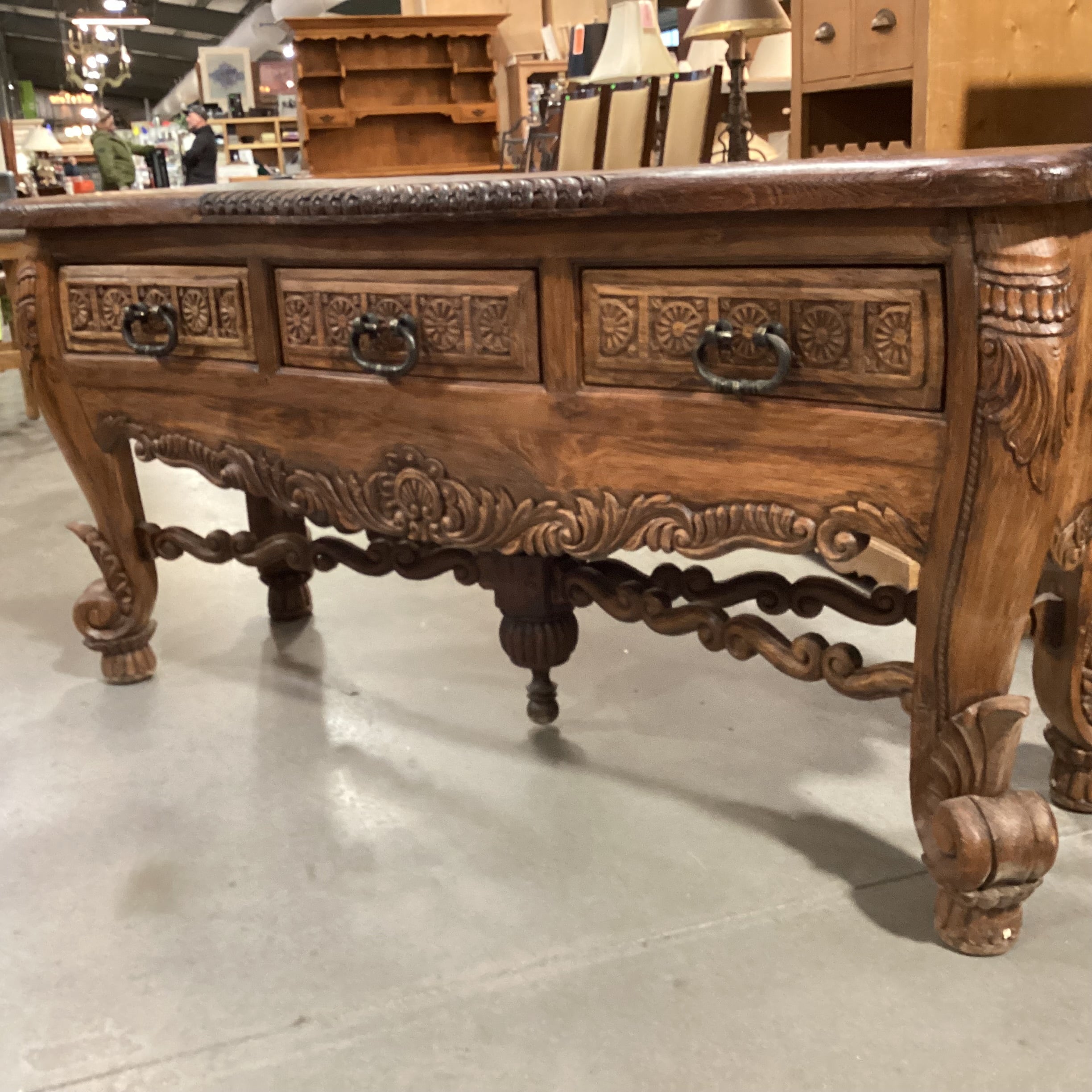 Rustic Western Hand Carved Solid Wood with Ornate Trestle 3 Drawer Accent Table 72"x 24"x 35.5"