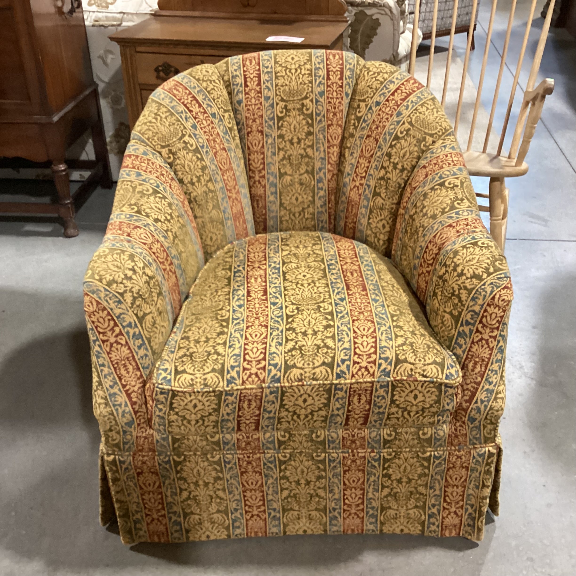 Custom Gold Sage Blue Rust Ornate Woven Ribbon Floral Scallop Back on Casters Chair 33"x 34"x 33"