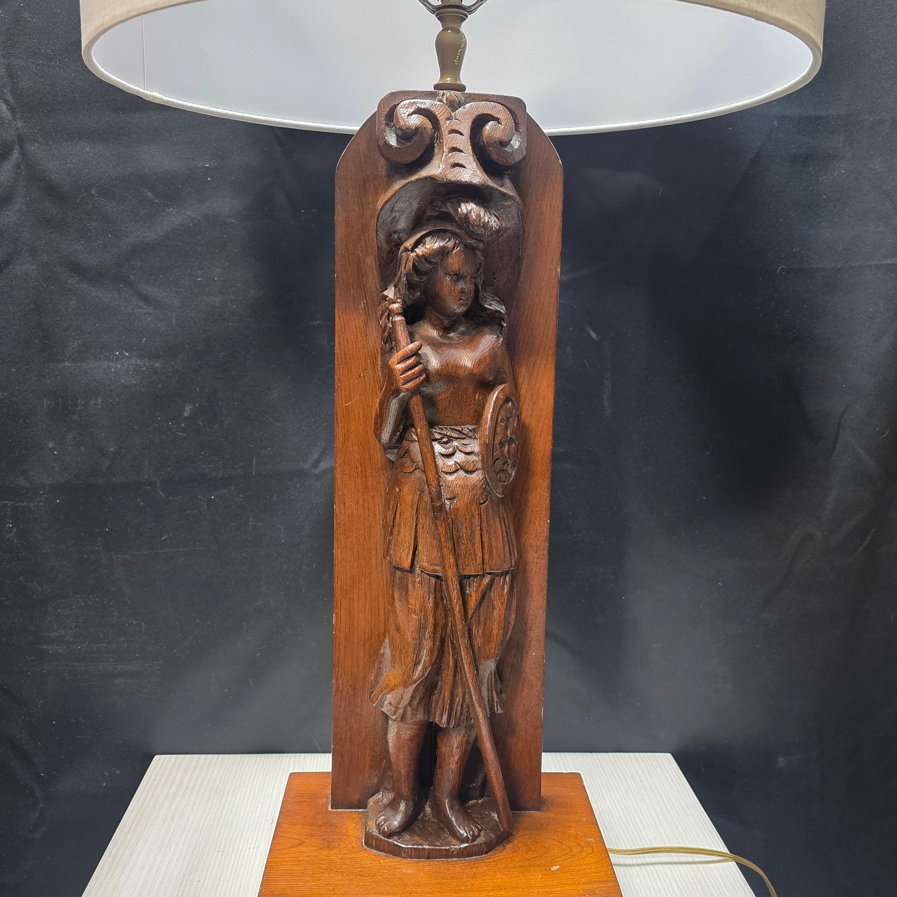 60's - 70's Walnut Wood Medieval Revival Hand Carved Table Lamp 17.5" D x 34.5"