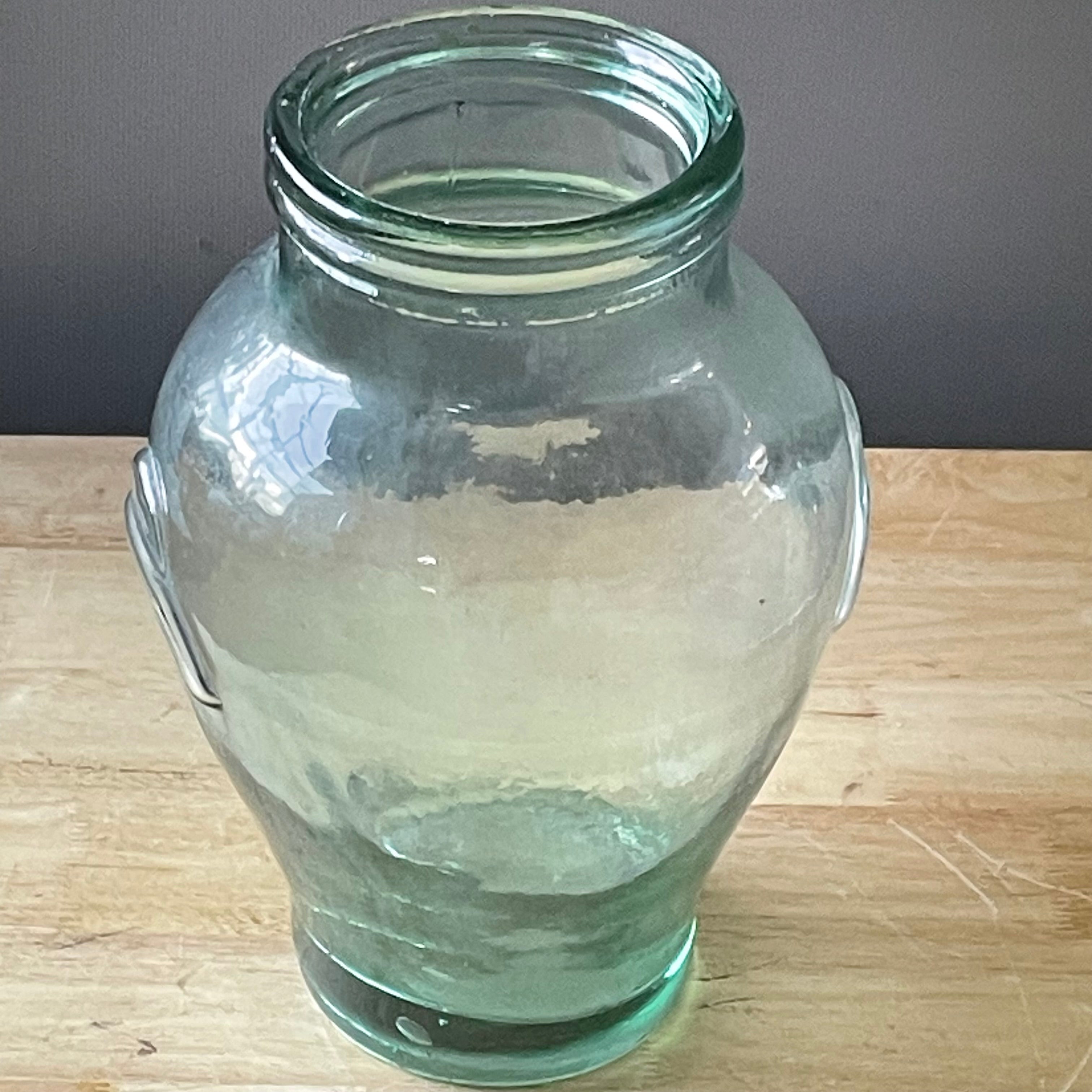Vintage Rosenthal Netter Green Blown Glass with Bow Handles Olive Jar/Vase, 9"x 12.75"