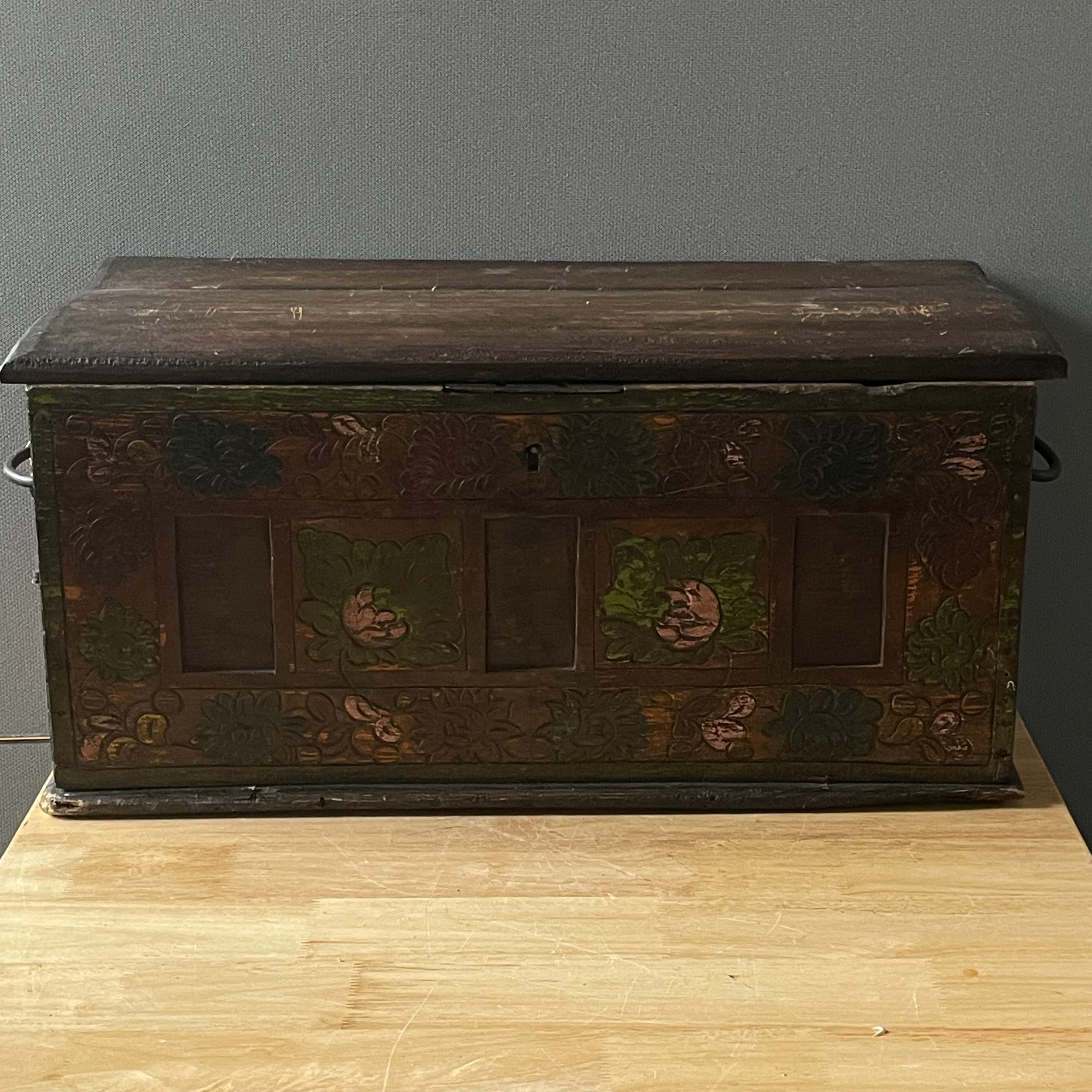 Antique Hand Painted Tibetan Wood, Iron Handles Small Travel Trunk, 23"x 10.5"x 10.75"