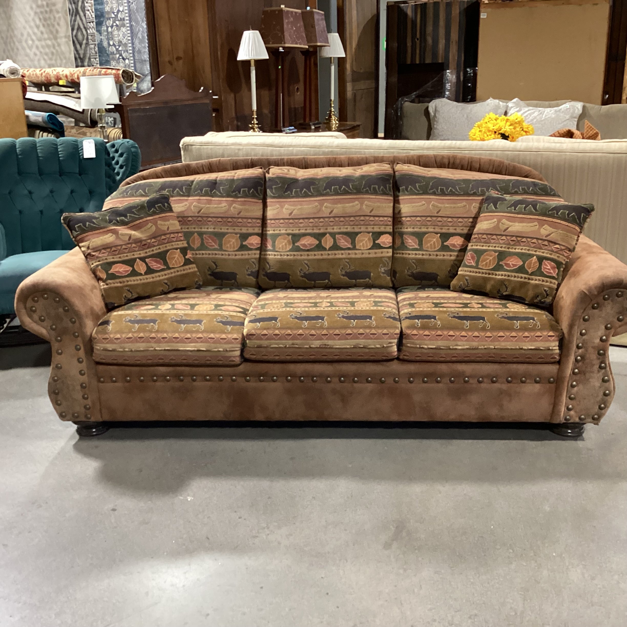 Ultra Suede Animal Cabin Upholstery Nailhead Sofa 90"x 38"x 38"