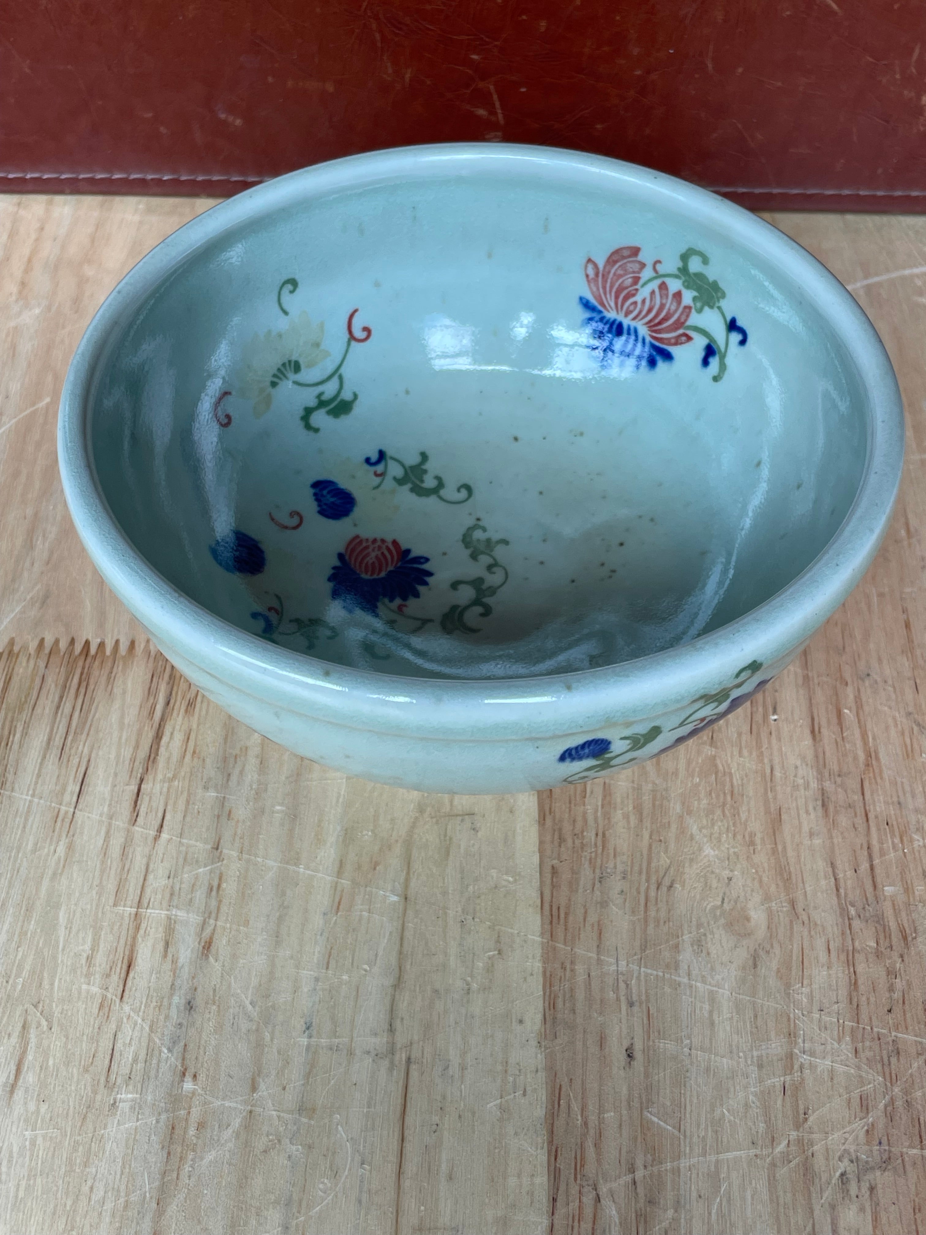 Set of 2 Vintage Korean Studio Art  Handpainted Celadon Footed Bowls Signed by Artist
