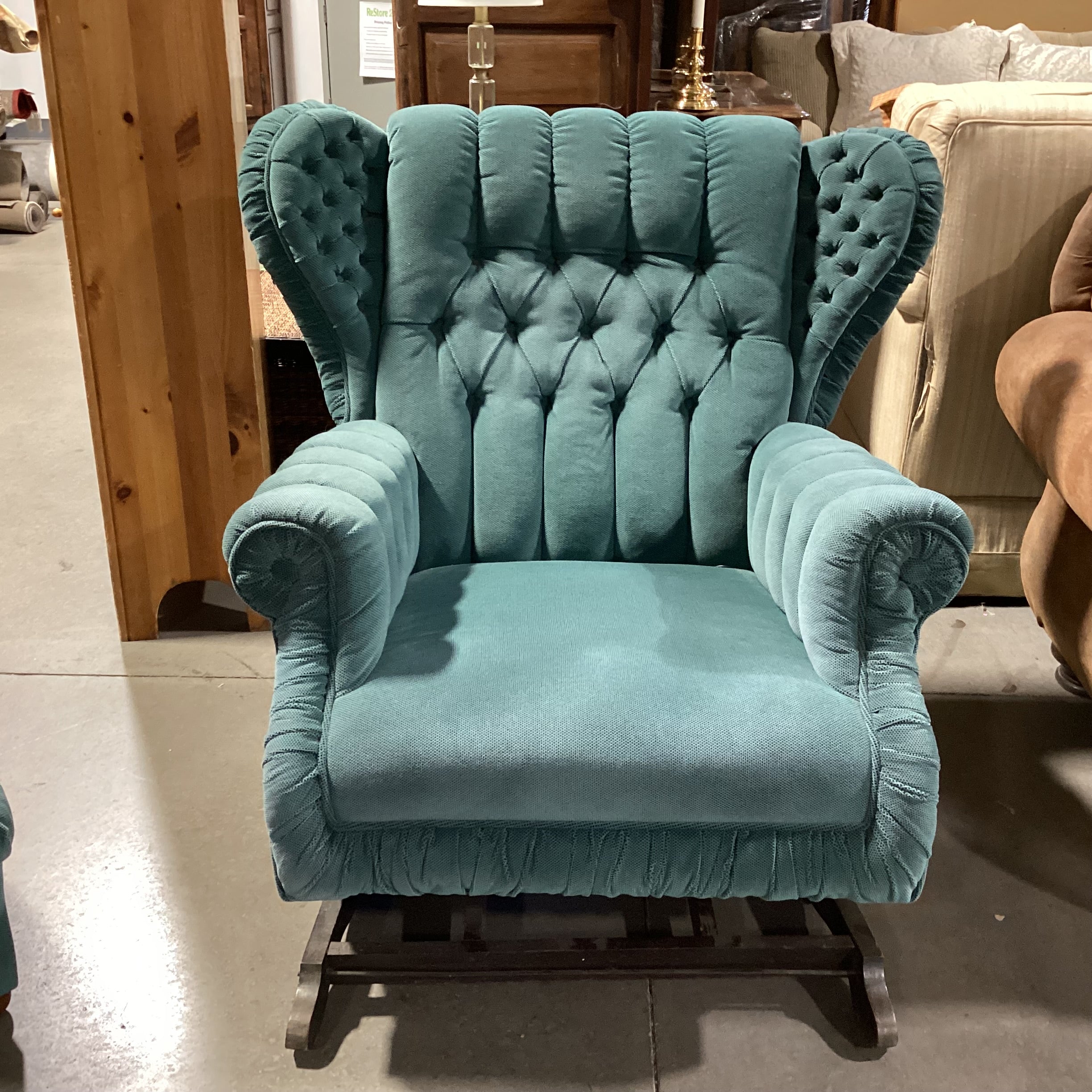Vintage Antique Teal Tufted Winged with Ottoman Rocker Chair 34"x 36"x 39"