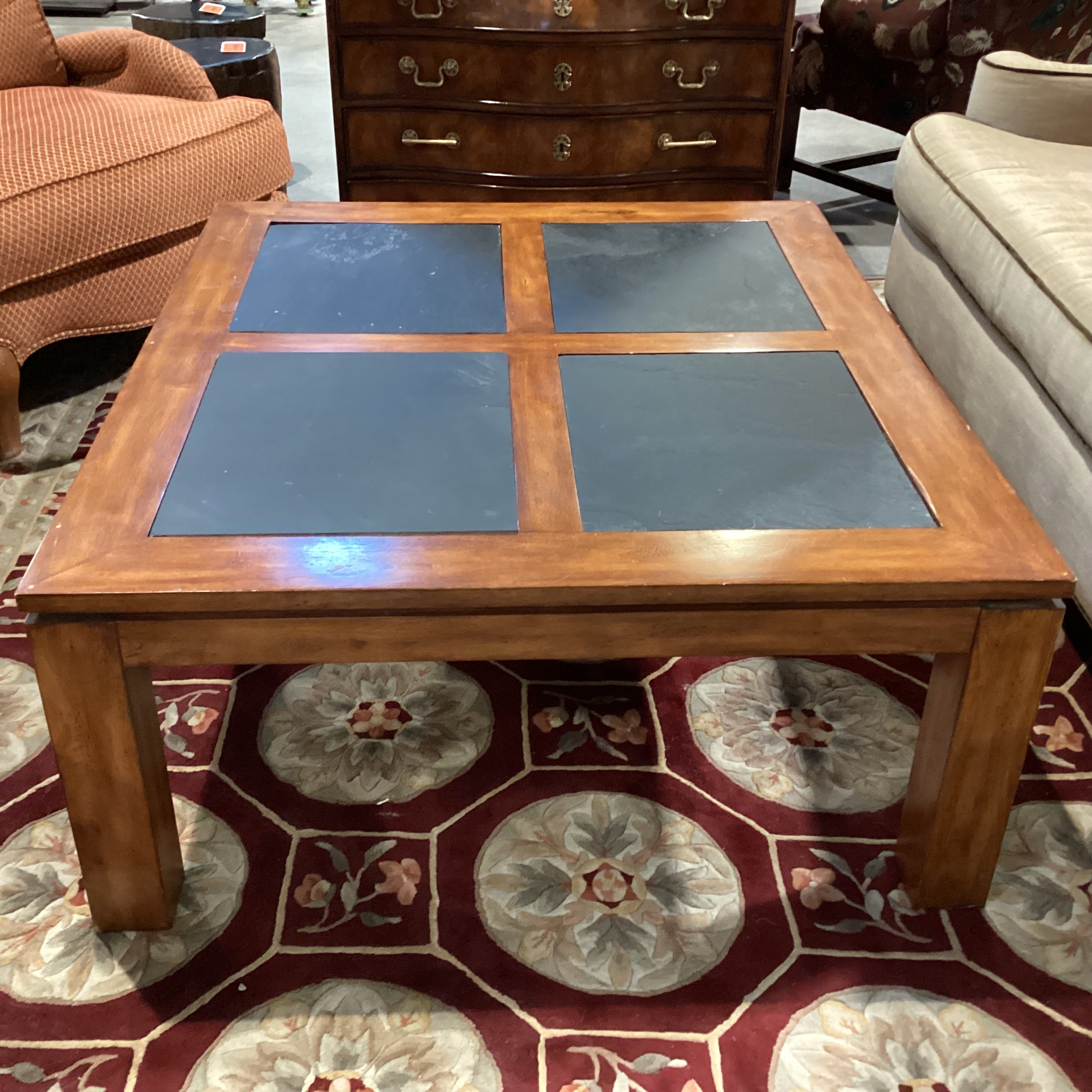 Finished Wood with Slate Tile Inset Coffee Table 42"x 48"x 19"