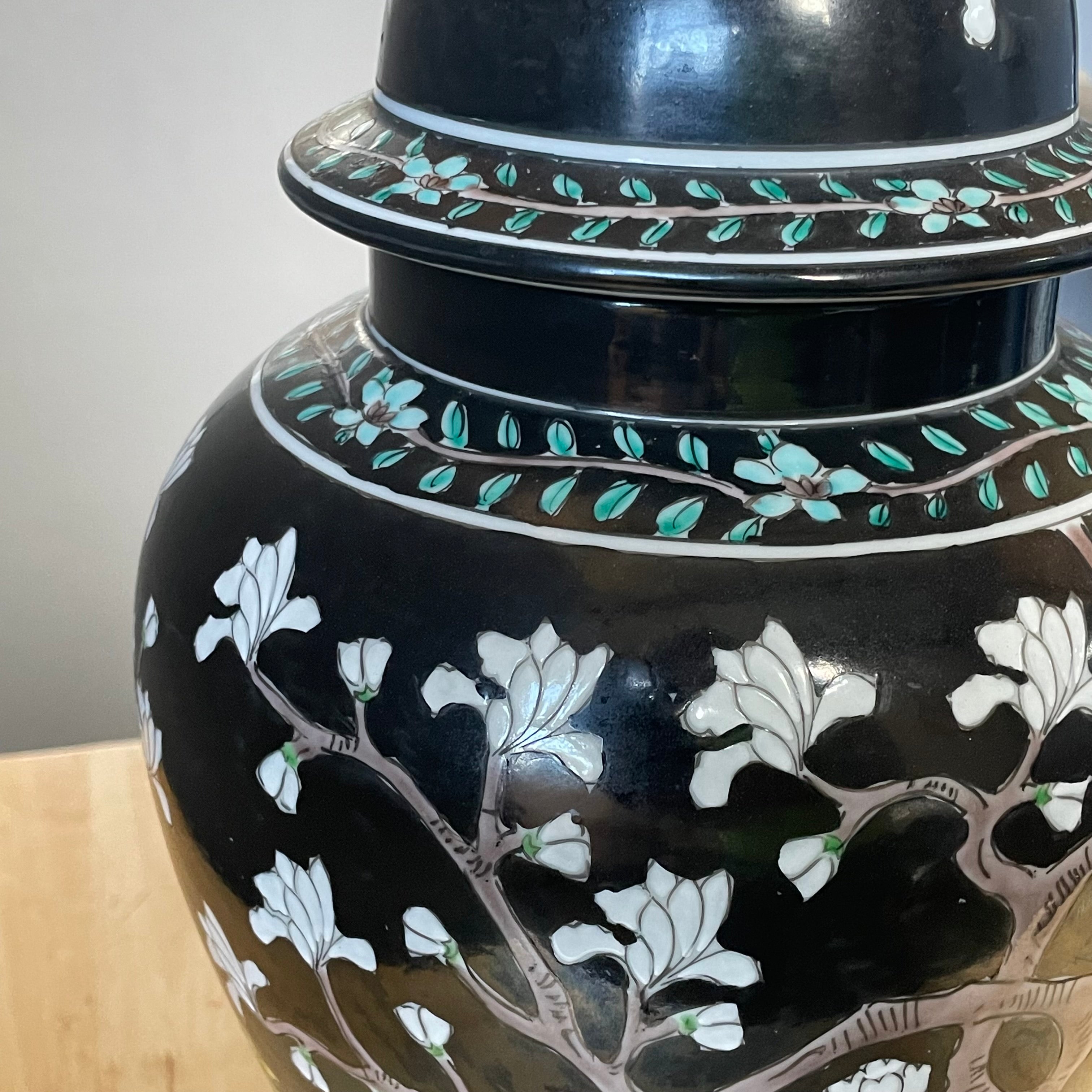 Vintage Japanese Hand Painted Famille Noir with Turquoise & White Accents Temple Jar, 8"x 15"