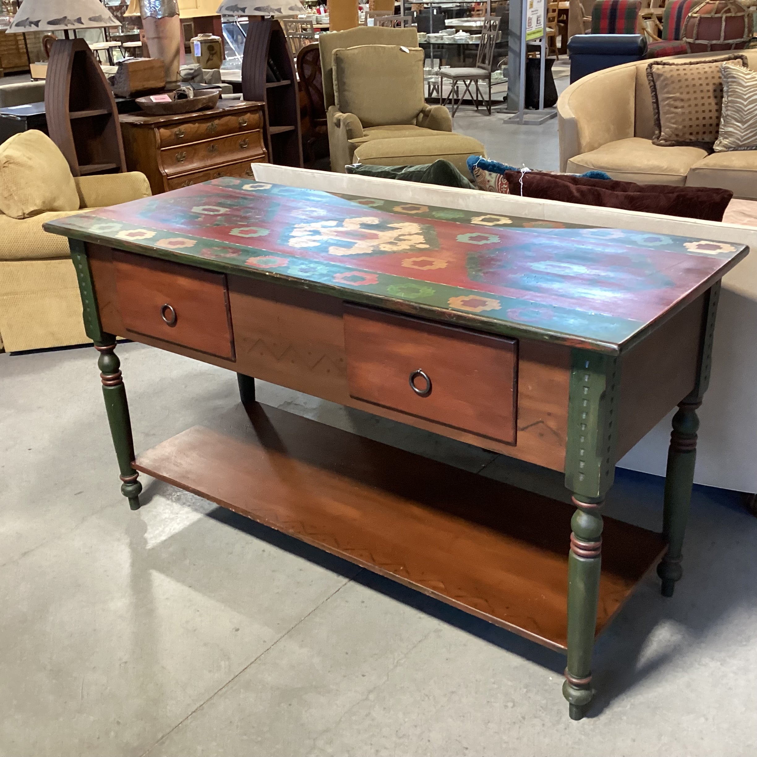 Red & Green Southwest Hand Painted Carved Wood 2 Drawer & Bottom Shelf Console 65"x 27"x 36"
