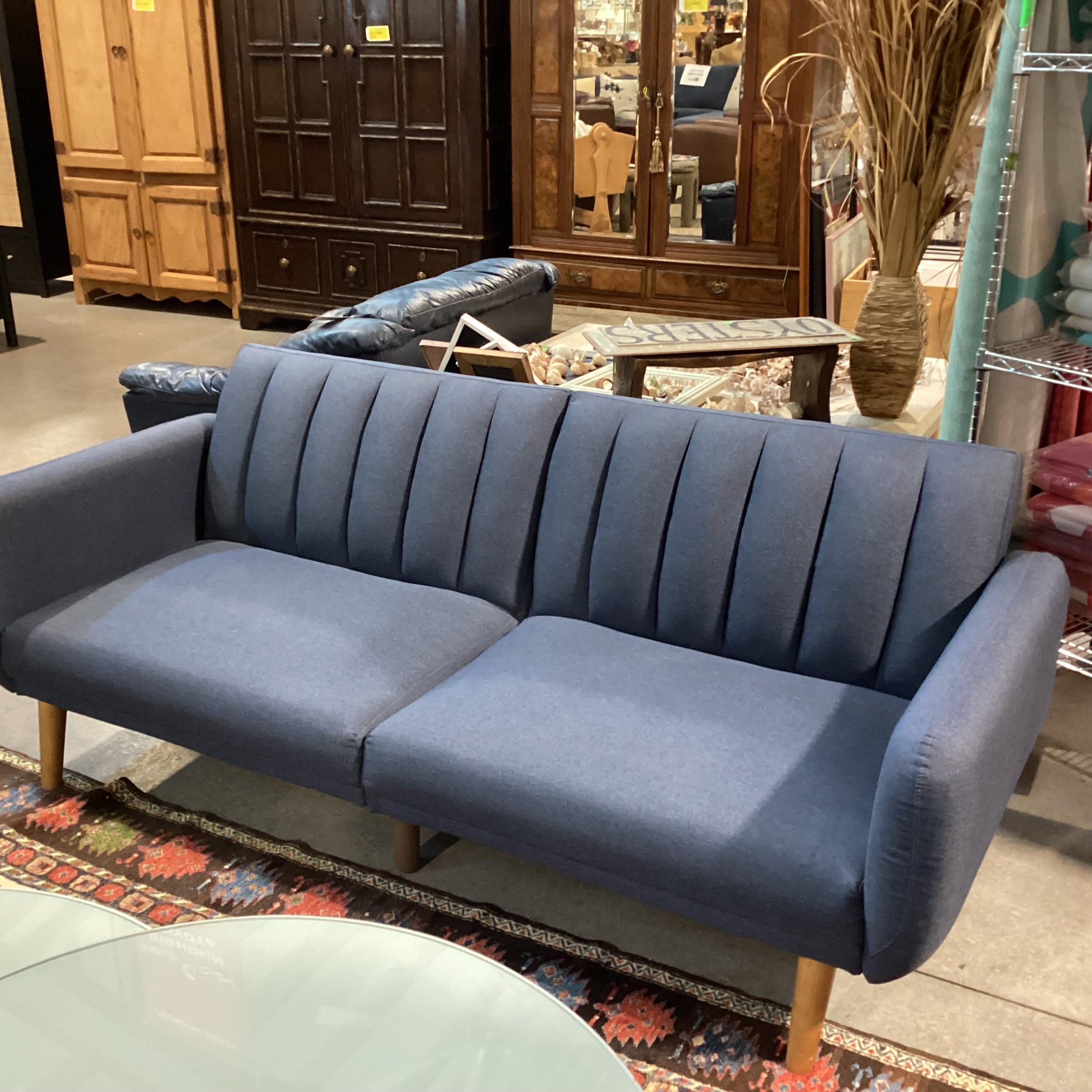 Dorel Home Navy Linen with Ribbed Back Fold Down Futon Sofa 80"x 31" to 44"x 31"