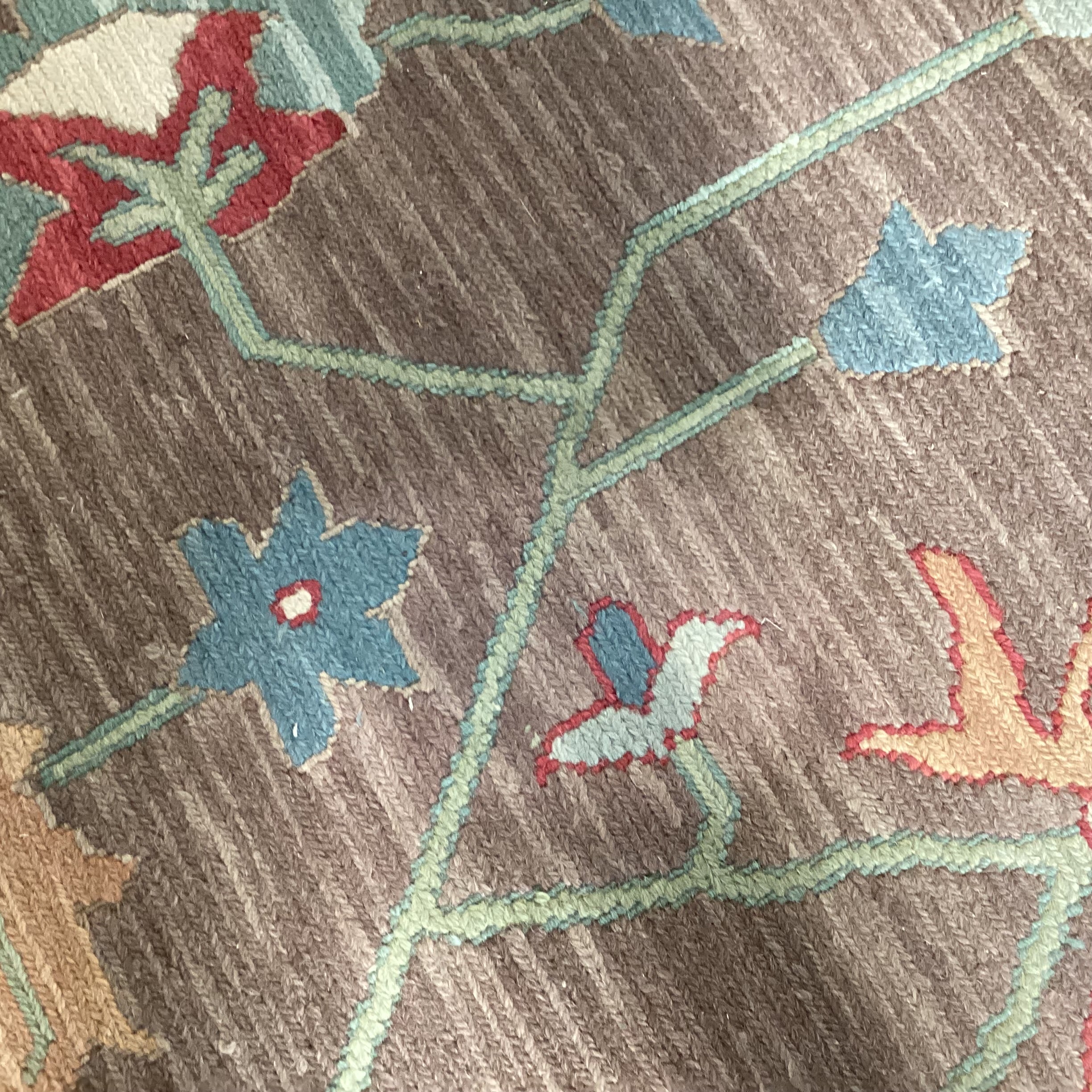 Taupe Peach Red & Teal Floral with Border Hand Woven Wool Rug 9'1"x 12'1"