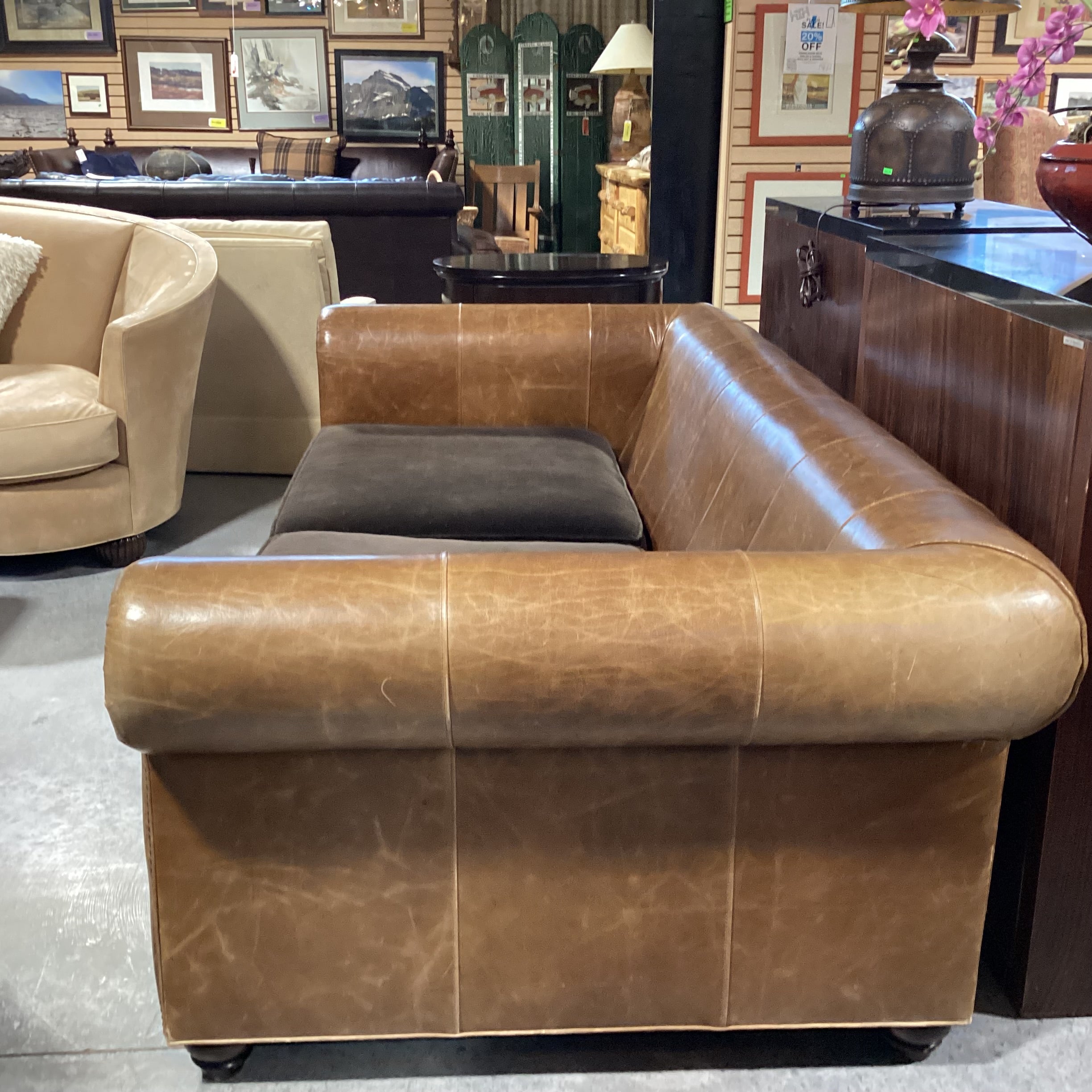 Leather Nail Head Roll Arm & Back with Brown Velvet Seat Cushions Sofa 94"x 46"x 30"