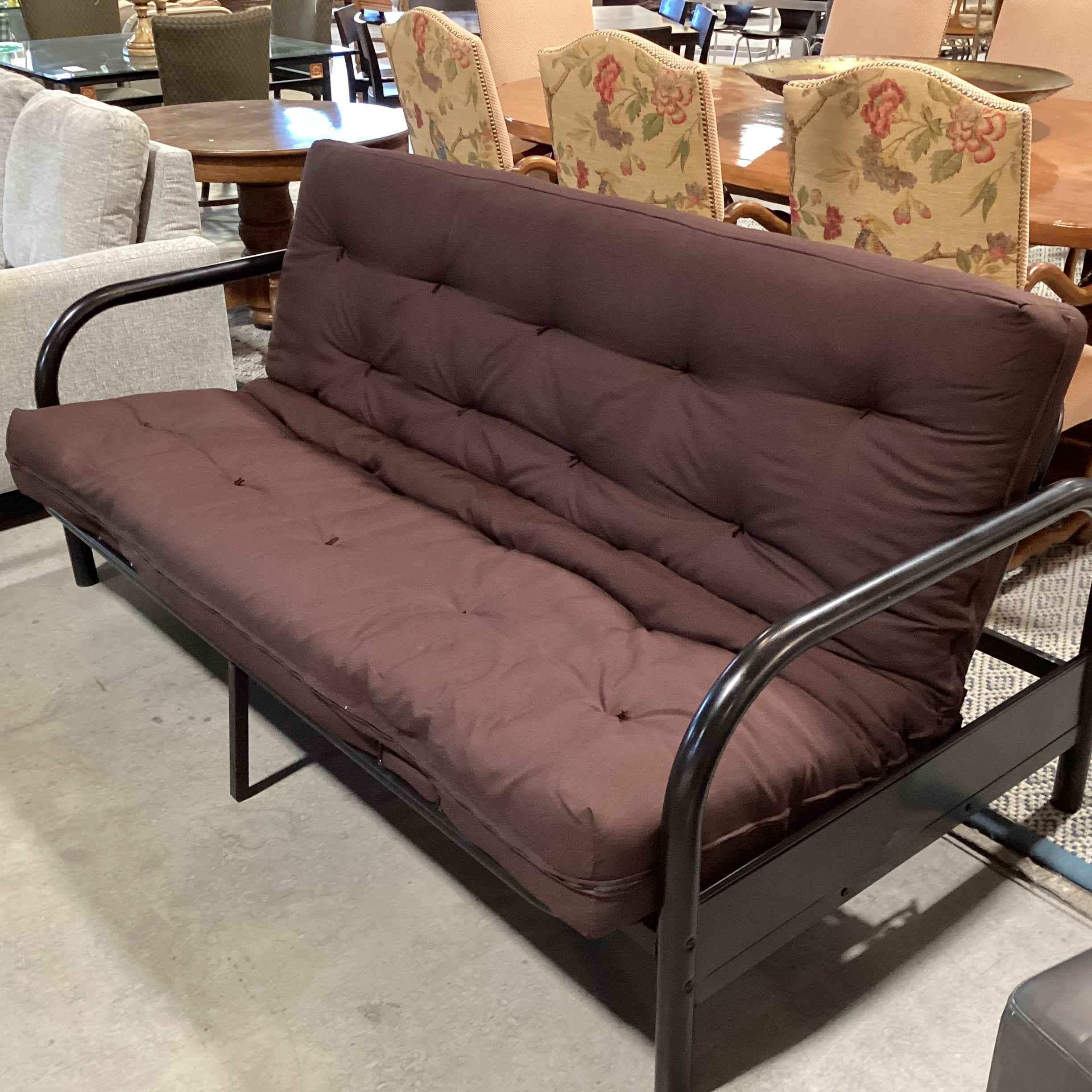 Black Metal Frame & Brown Cushion Futon Sofa 80"x 44" to 53"x 35"