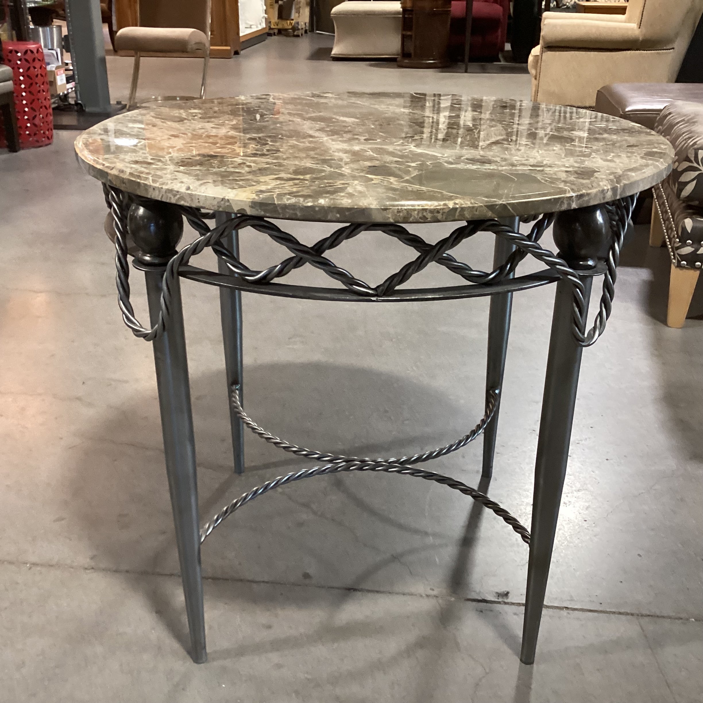 Yale R Burge Antiques Vintage Reproduction Steel Rope Design & Round Marble Top Accent Table 30" Diameter x 27"