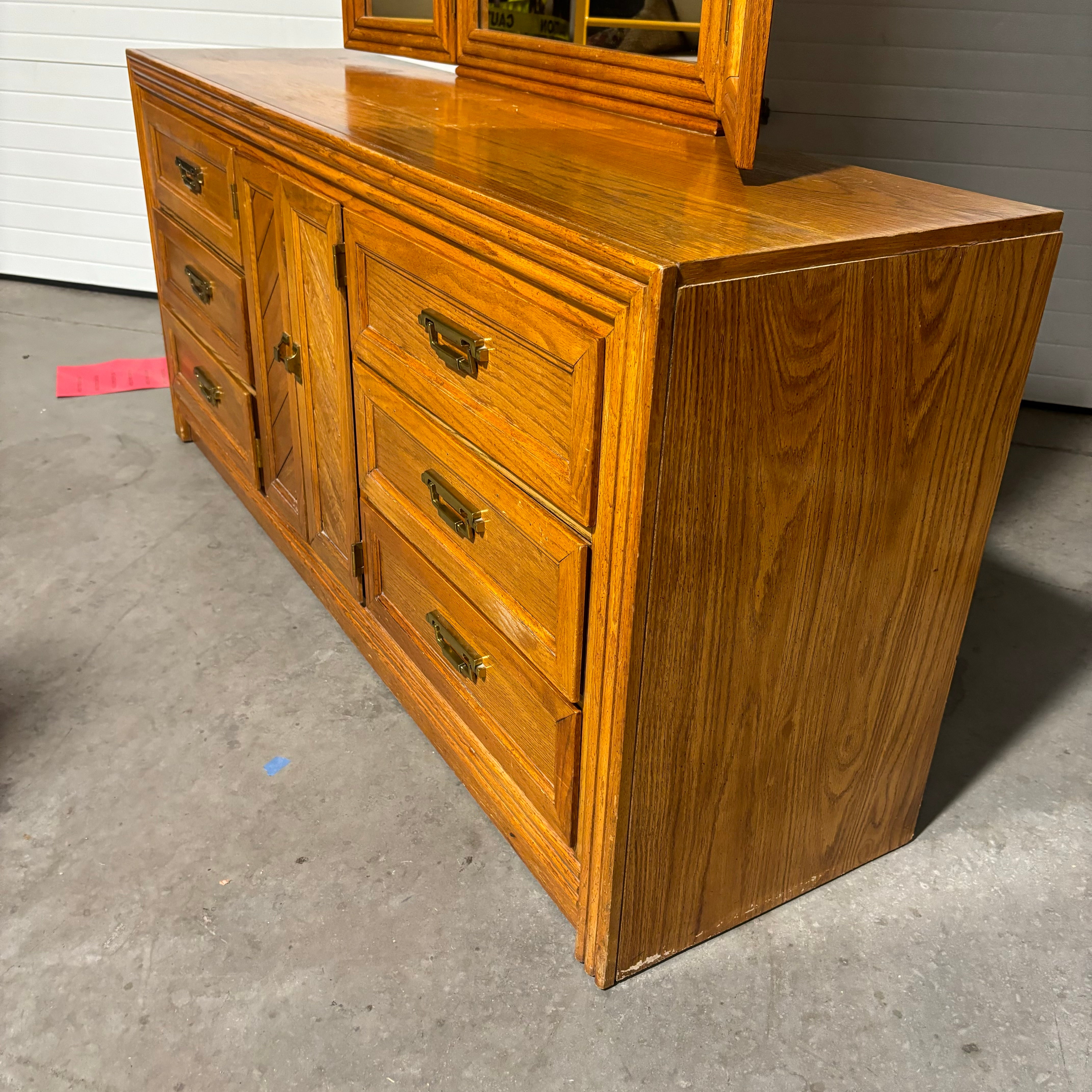 Lenoir House Finished Oak 9 Drawer with Mirror Dresser 66"x 18"x 30.5"