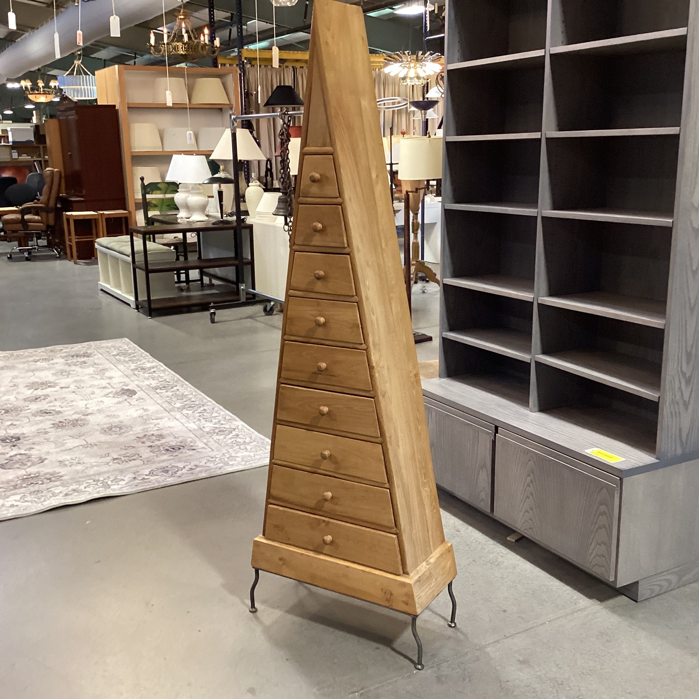 Pyramid Natural Wood & Iron Legs 9 Drawer Chest 24"x 10.5"x 70.5"