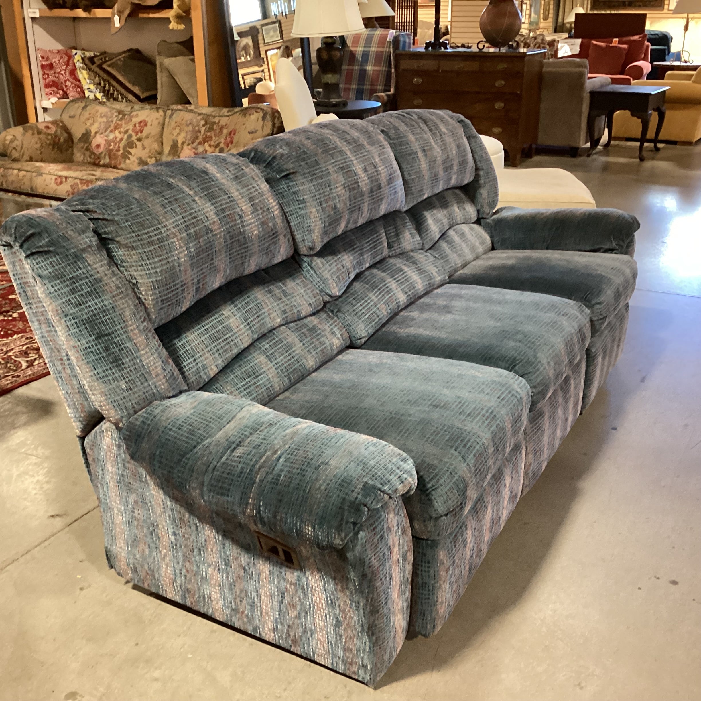 Action Industries Teal Blue with Light Red Grid Woven Double Recliner Sofa 96"x 38"x 37"