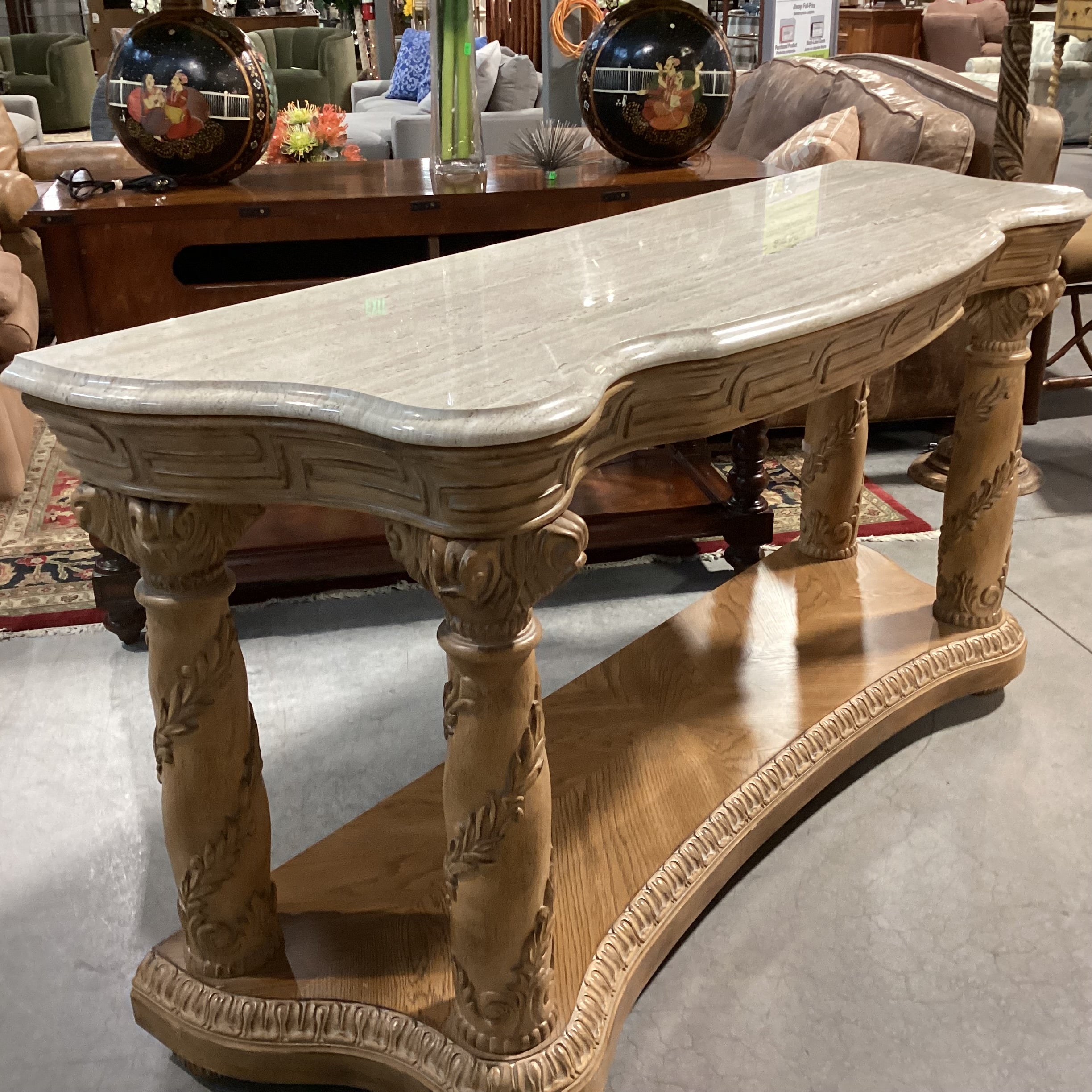 Bernhardt Athena Collection Ornate Carved Light Finish & Travertine Style Stone Console Sofa Table 66"x 21"x 34"