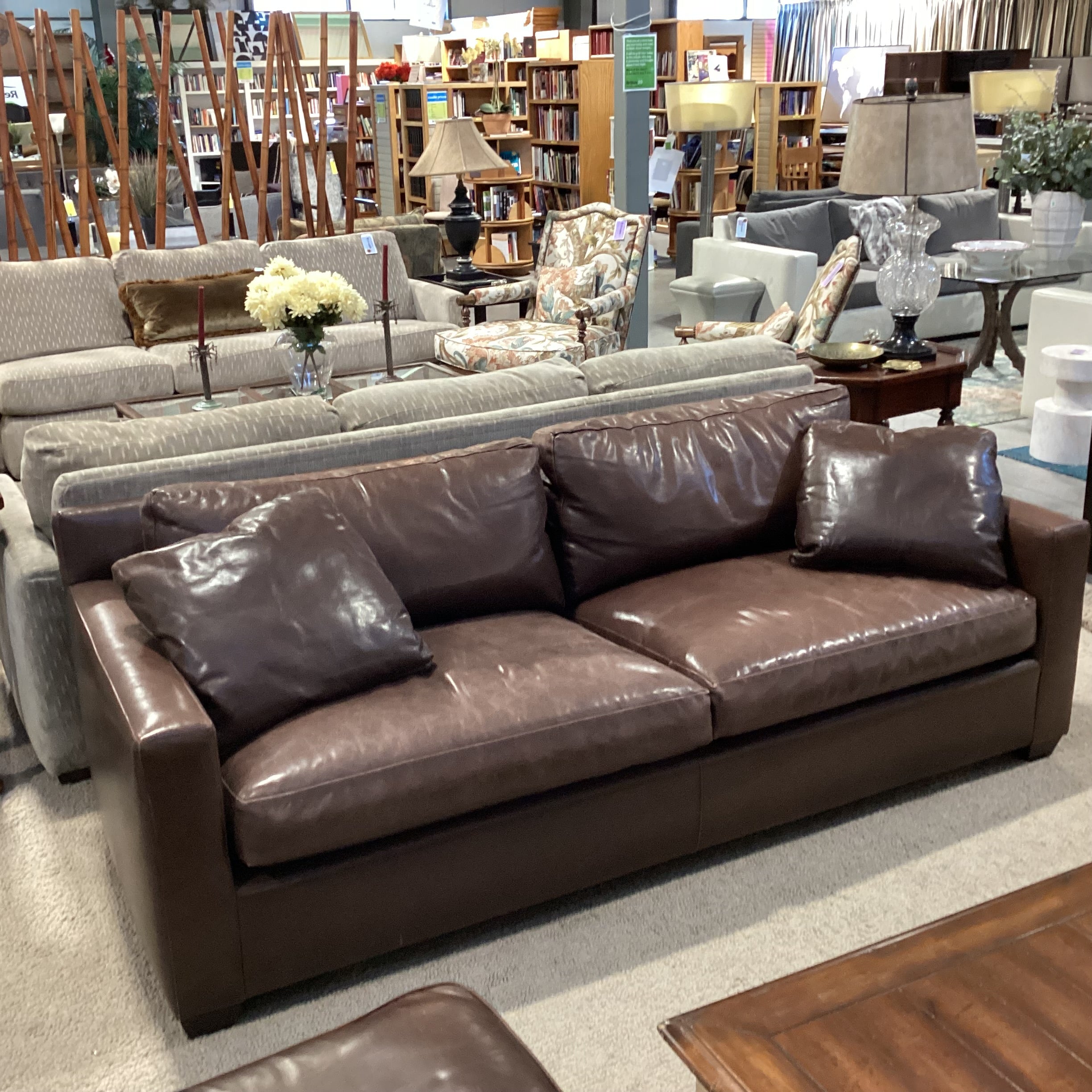 Baker Furniture Brown Leather Down Mix Track Arm with Accent Pillows Sofa 86"x 40"x 30"