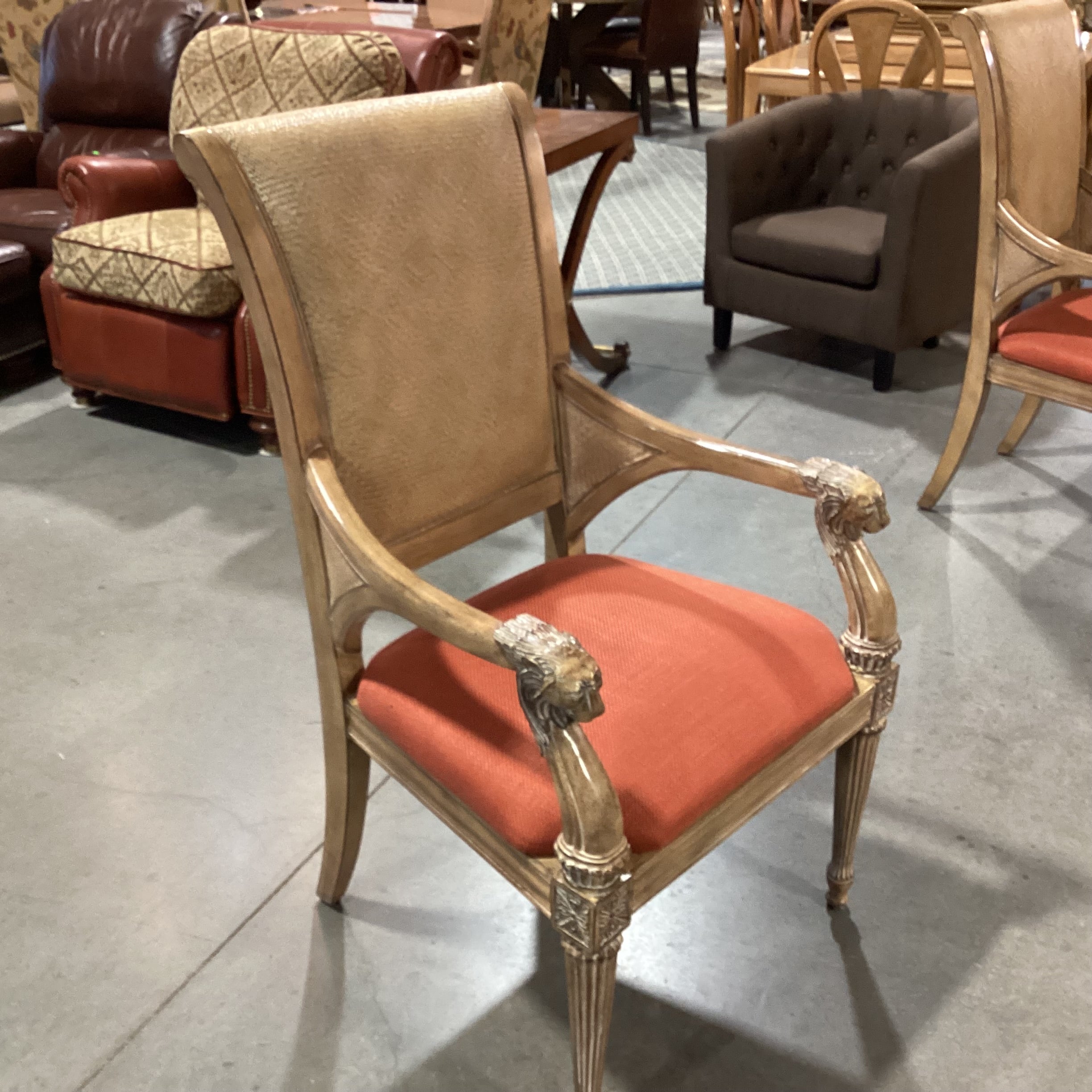 Carved Lionshead Antiqued Finish Wood Woven Leather & Burnt Orange Linen Chair 26"x 26"x 44"