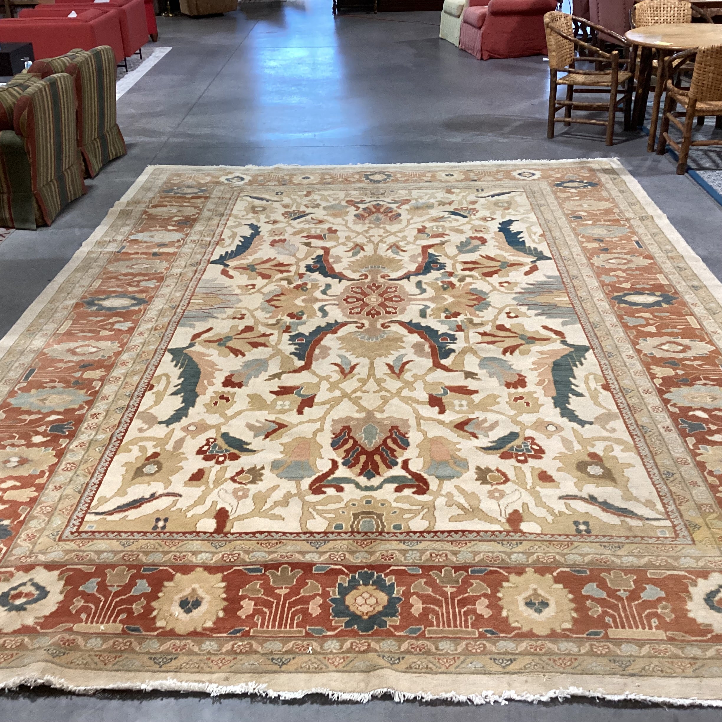 Gold Burnt Orange & Teal Hand Woven Wool Rug 11'x 15'2"