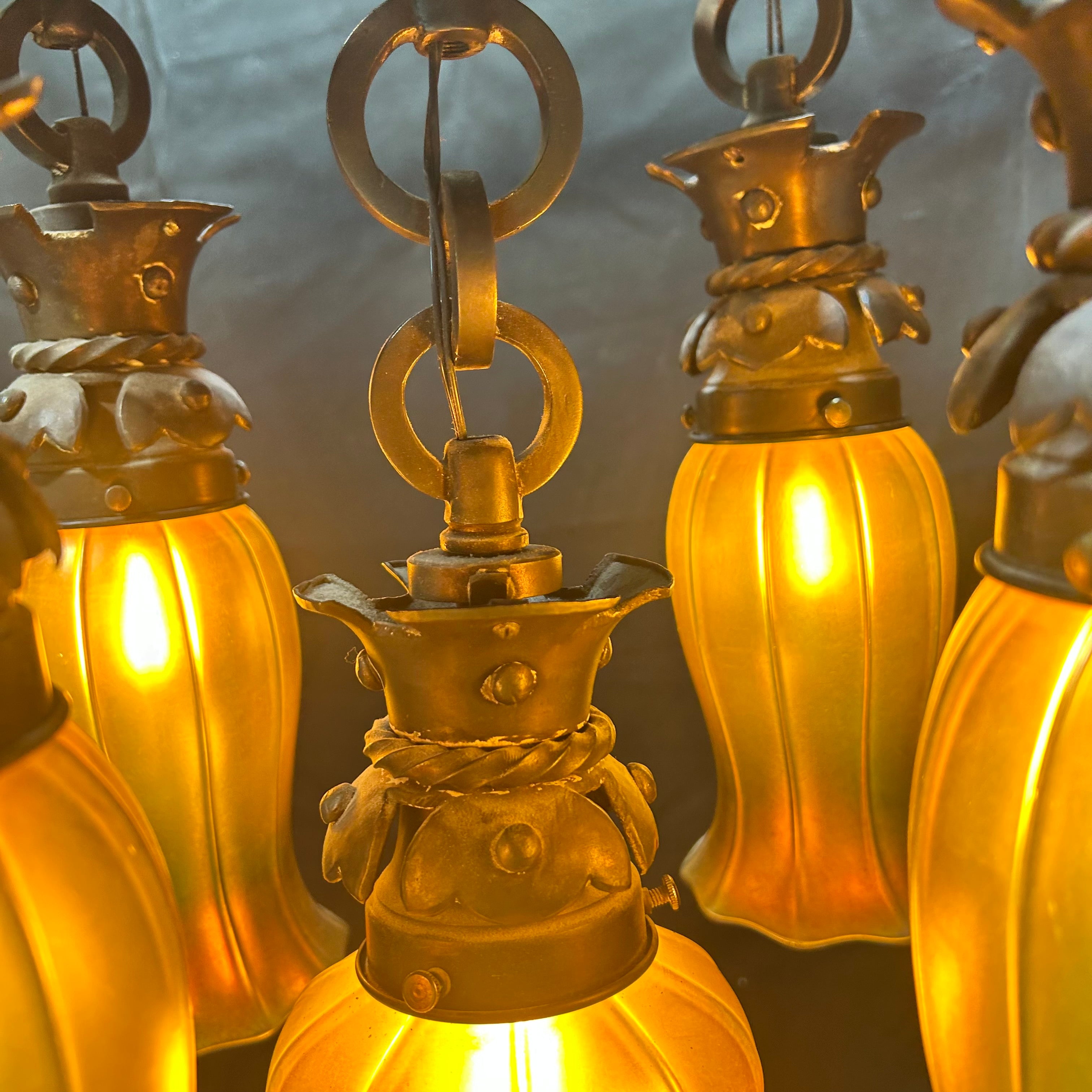 Caldwell Lighting Circa 1905 Cast Iron With 4 Steuben & 1 Quezal Iridescent Glass Shades Flush Mount 15"x 12.5"ades