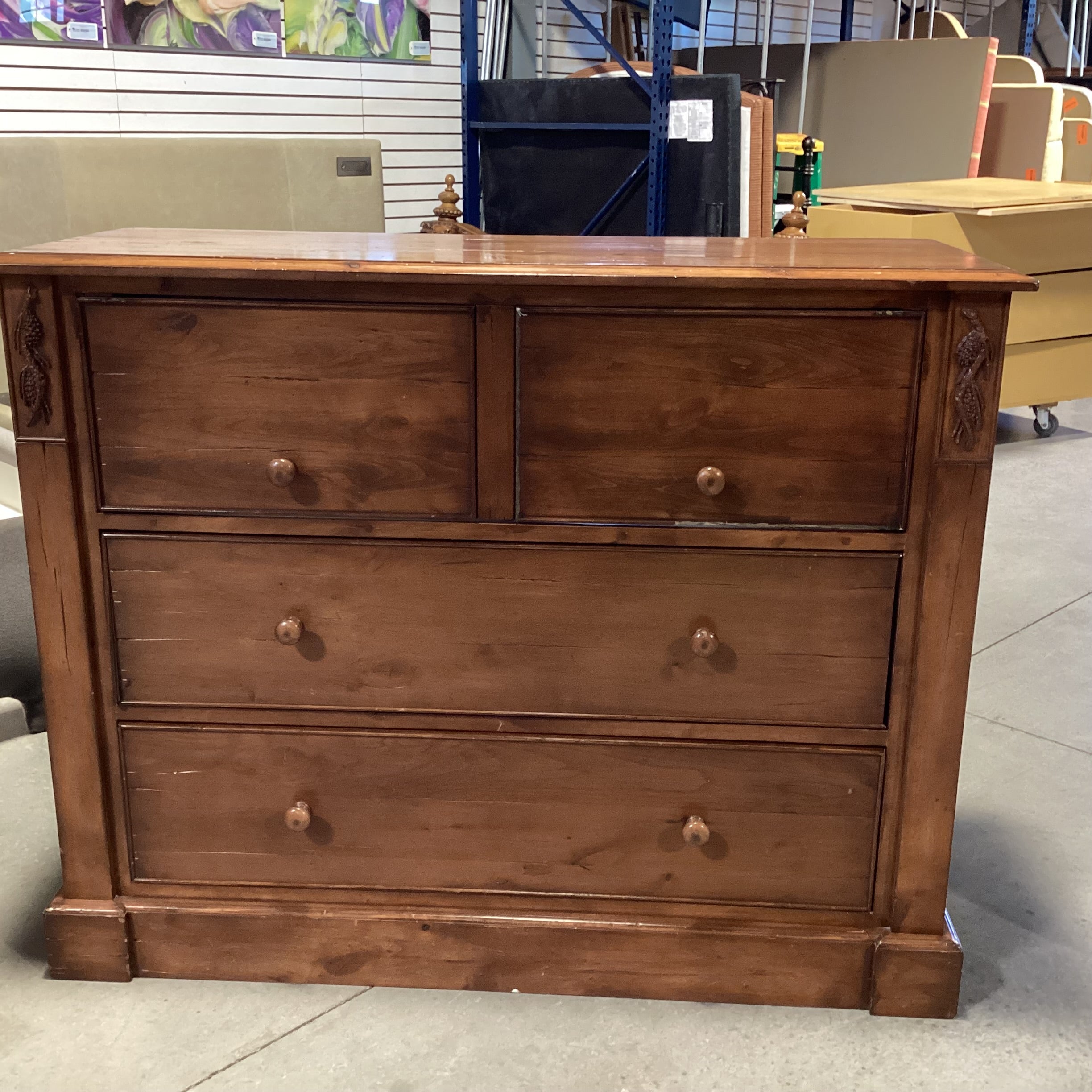 Distressed Finish Carved Pine Cone Wood 2 Drawer & Lift Top Media Dresser 34"x 20"x 43"