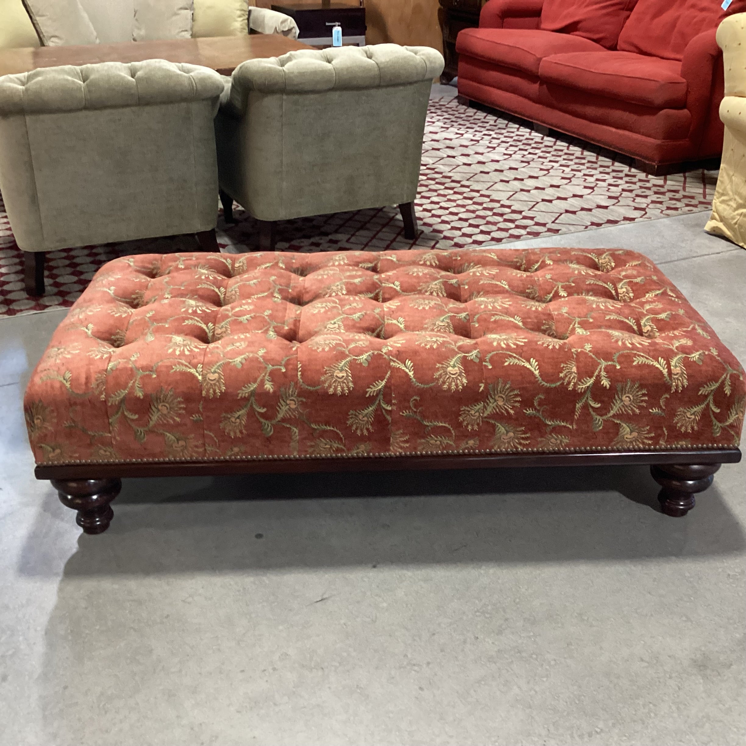 JJ Custom Rust with Gold Floral Woven Tufted Nailhead & Carved Wood Bench Ottoman 61"x 31"x 17.5"