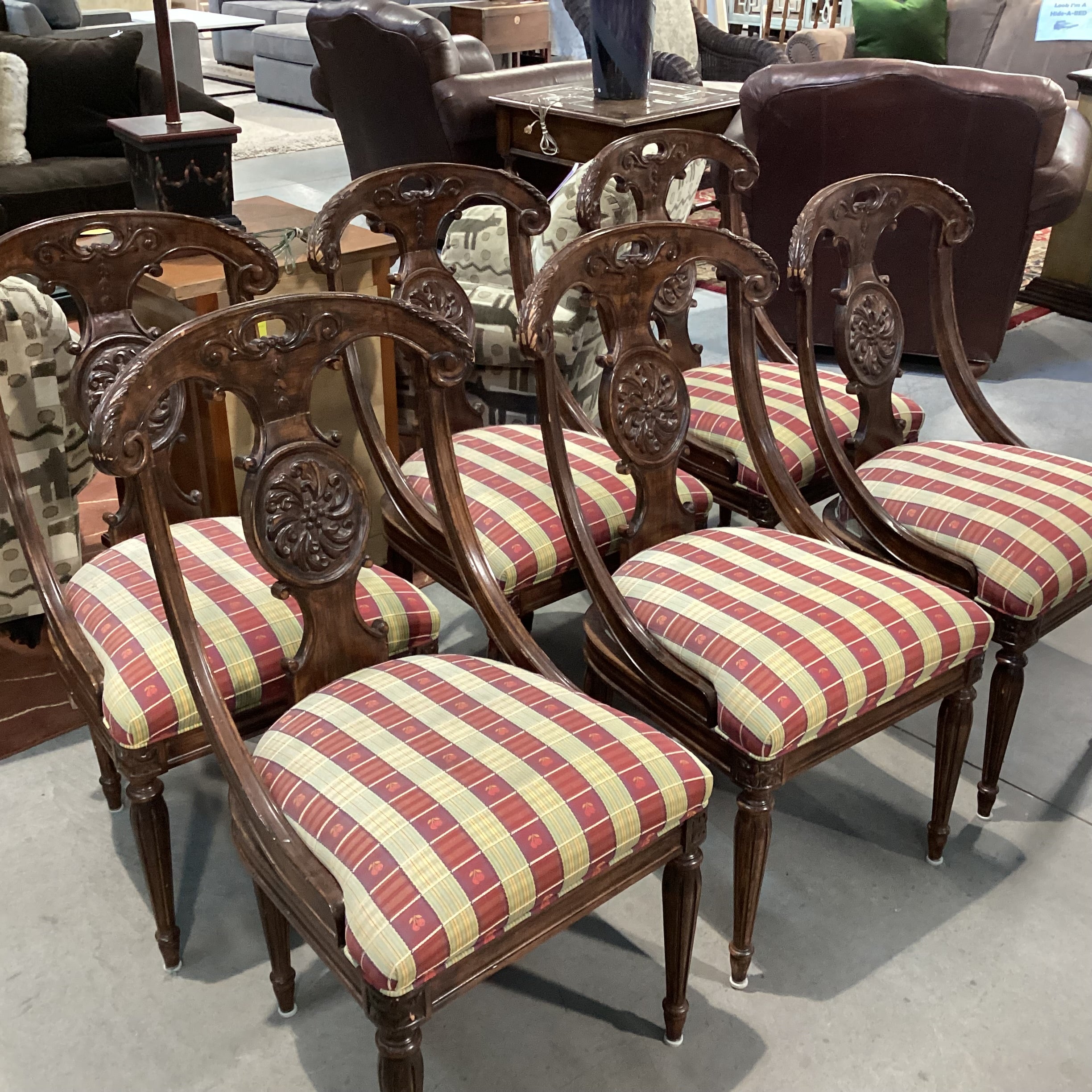 SET of 6 Ornate Carved Wood & Gold Red Cherry Ribbon Dining Chairs 20"x 24"x 38"