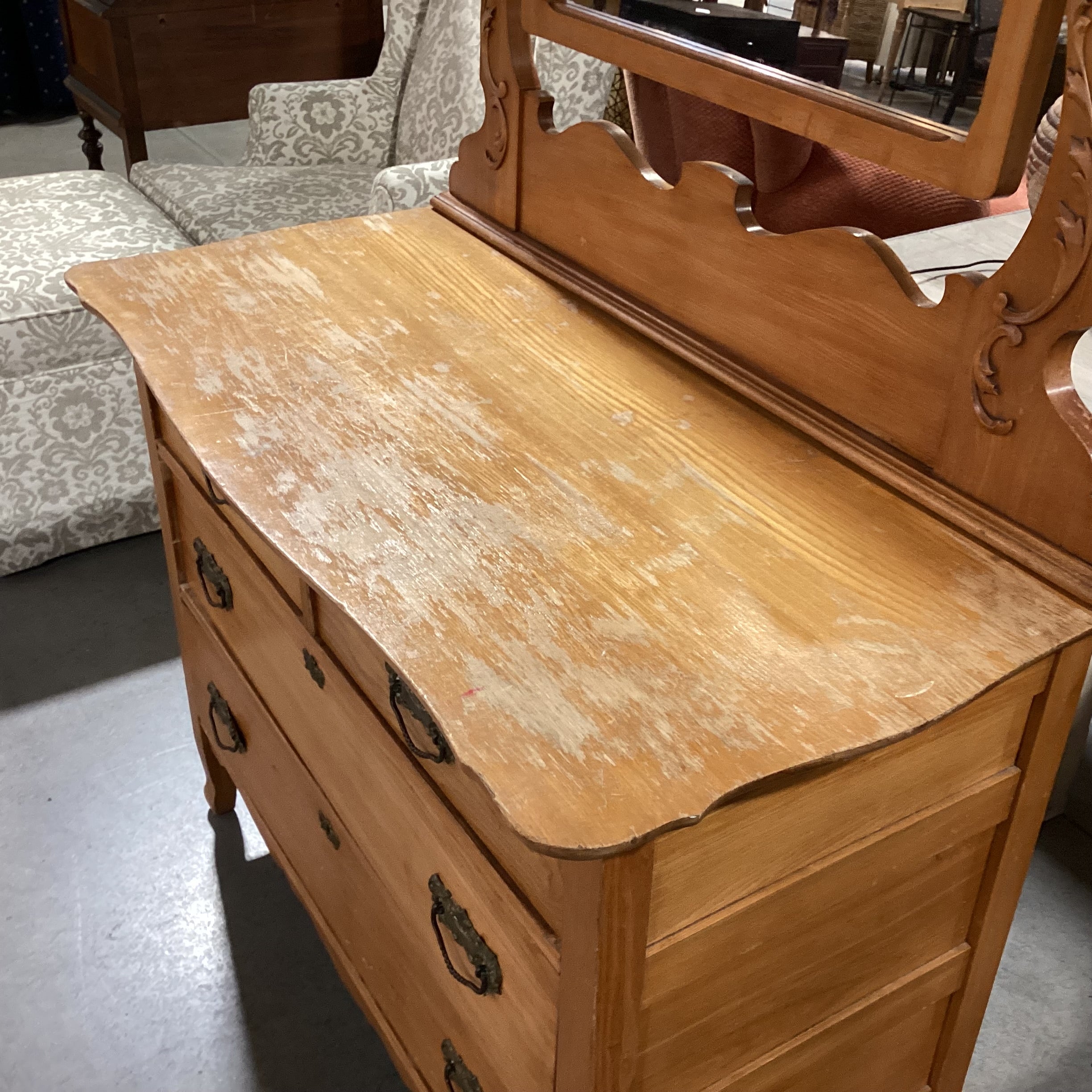 Antique Light Finish Wood 4 Drawer with Ornate Mirror Chest 43"x 22"x 67"