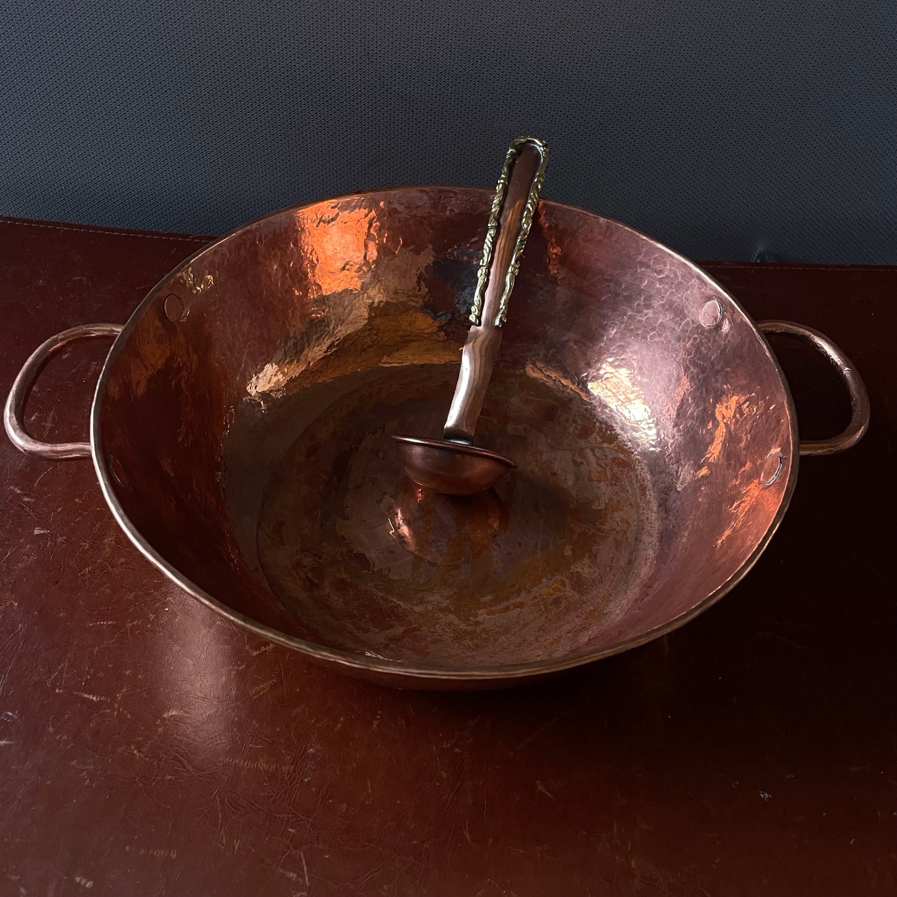 Set of 2 Handcrafted Hammered Solid Copper Bowl with Handles and Ladle