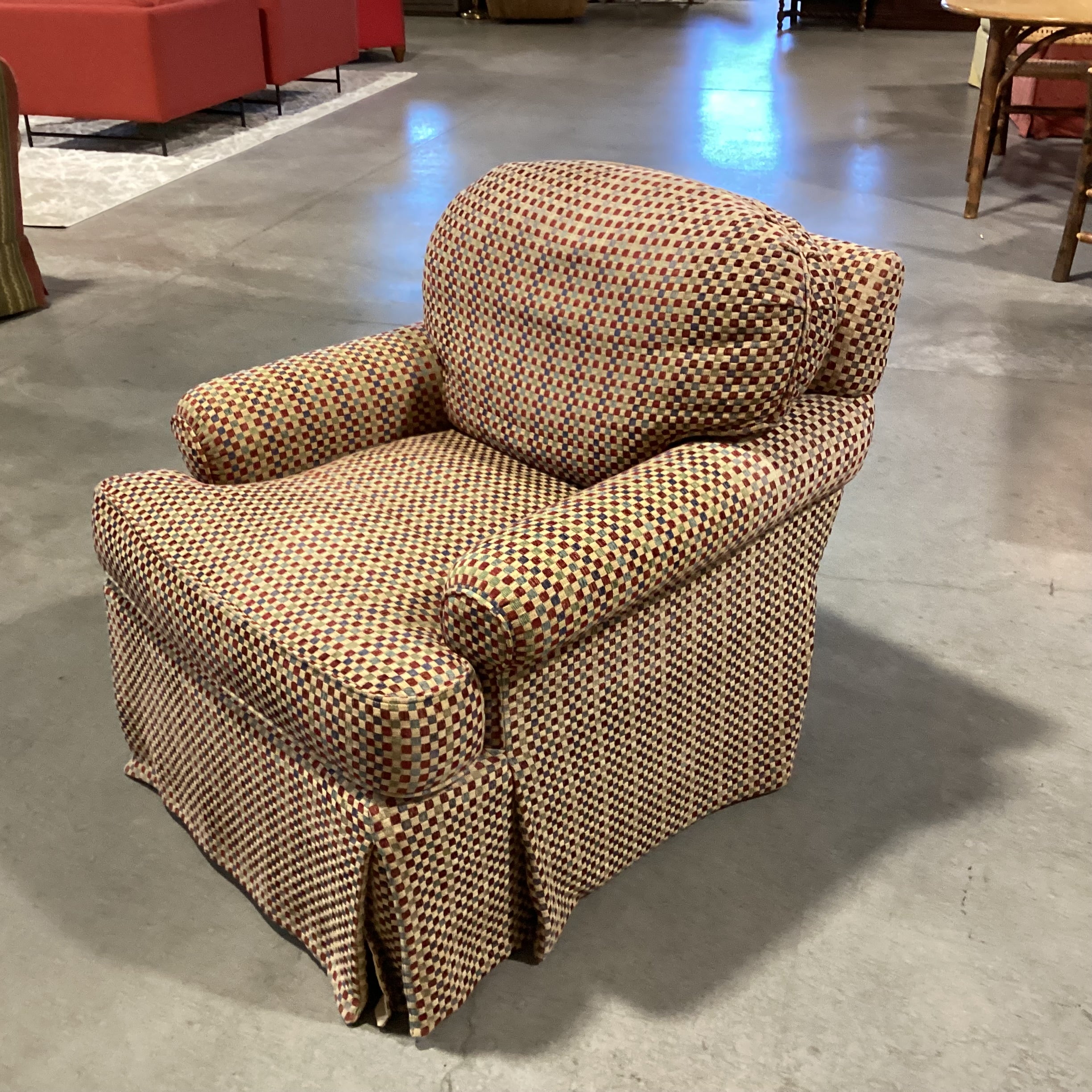 J Banks & Stanford Furniture Gold Red Blue Green Checker Woven Upholstered Swivel Chair 33"x 36"x 31"