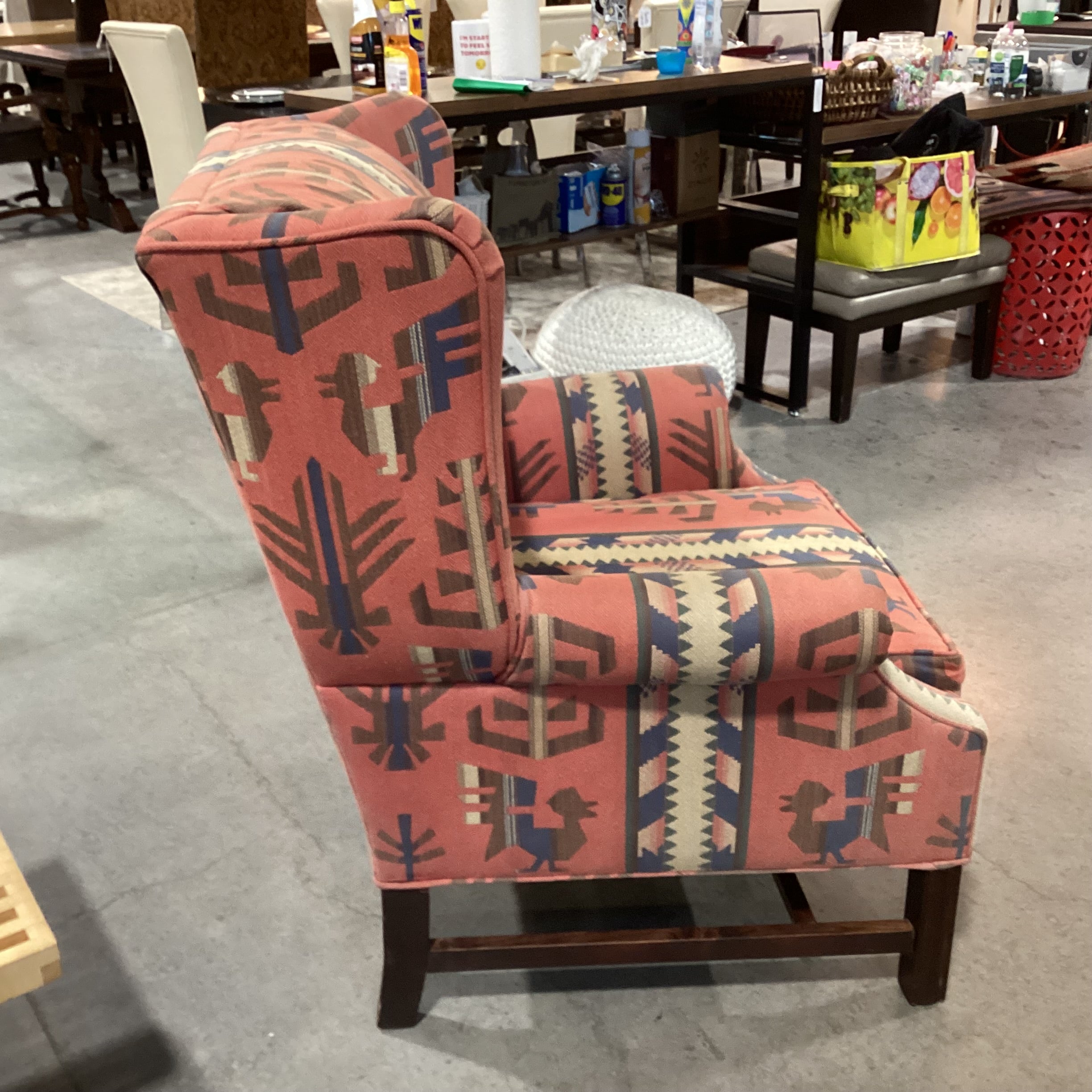 Red & Blue Southwest Woven & Wood Base Wing Chair 34"x 36"x 41"