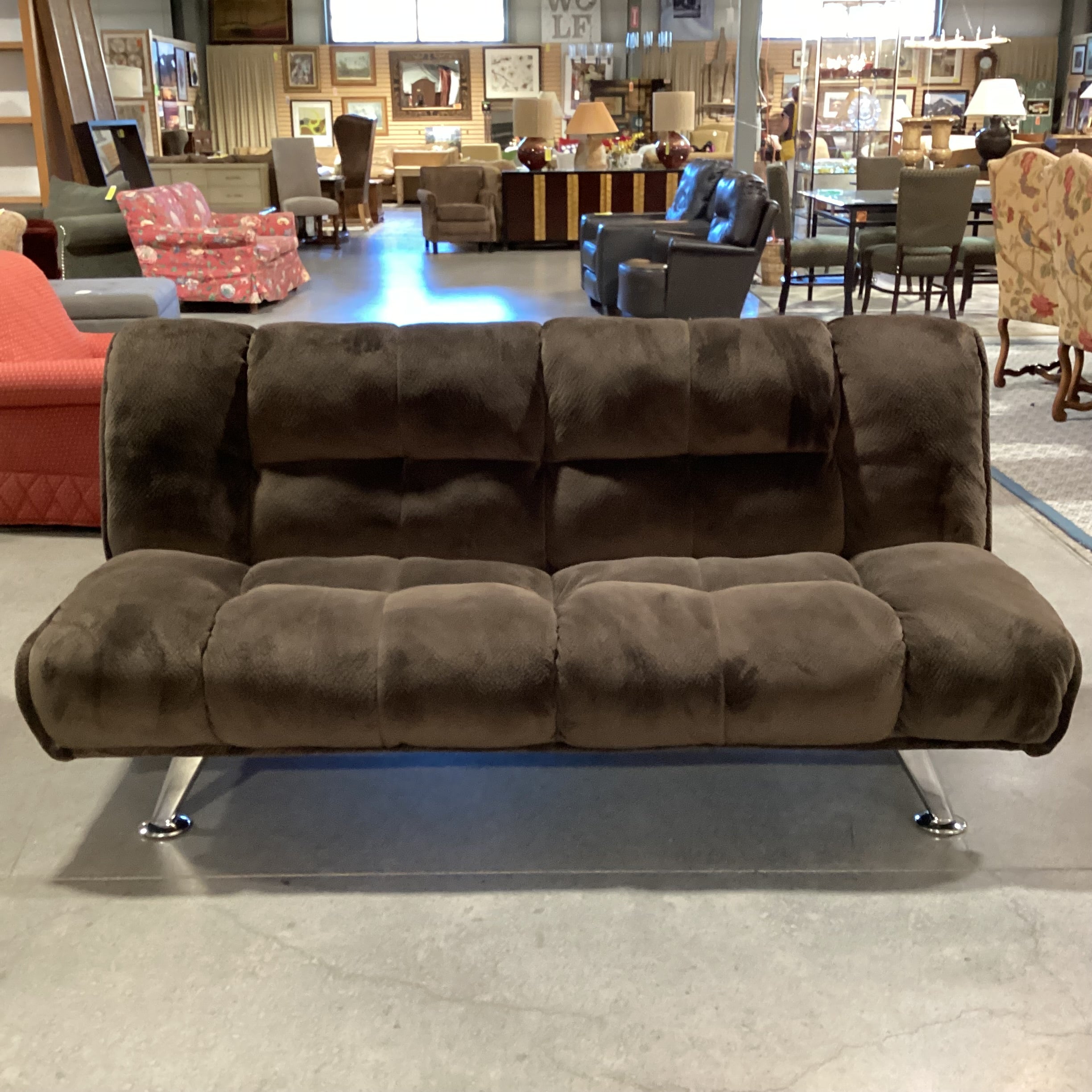 Brown Pillow Plush with Chrome Legs Futon Sofa 76"x 34" to 48"x 35"