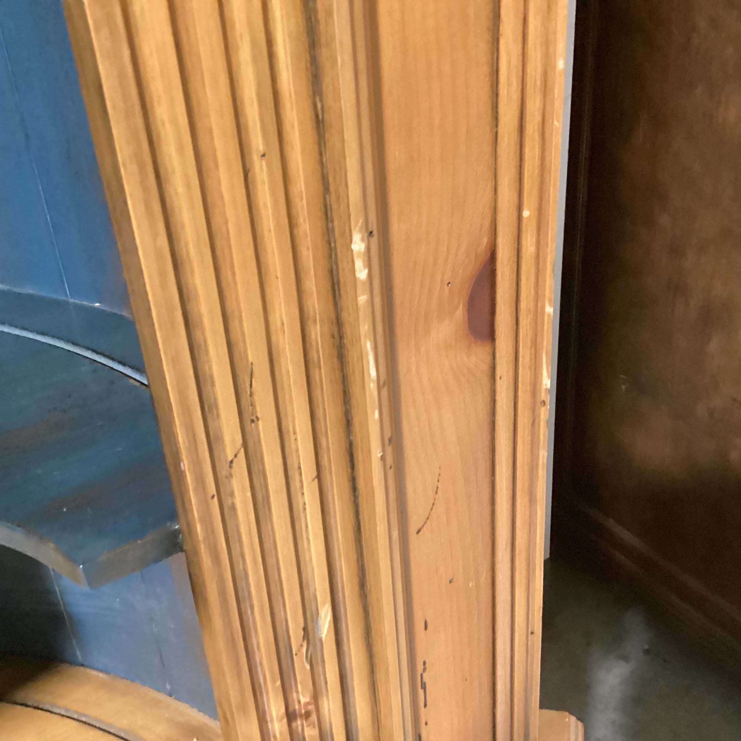 2 Tone Distressed Natural & Teal with Carved Arch Shelves 2 Door Corner Display Armoire 48"x 30"x 88"