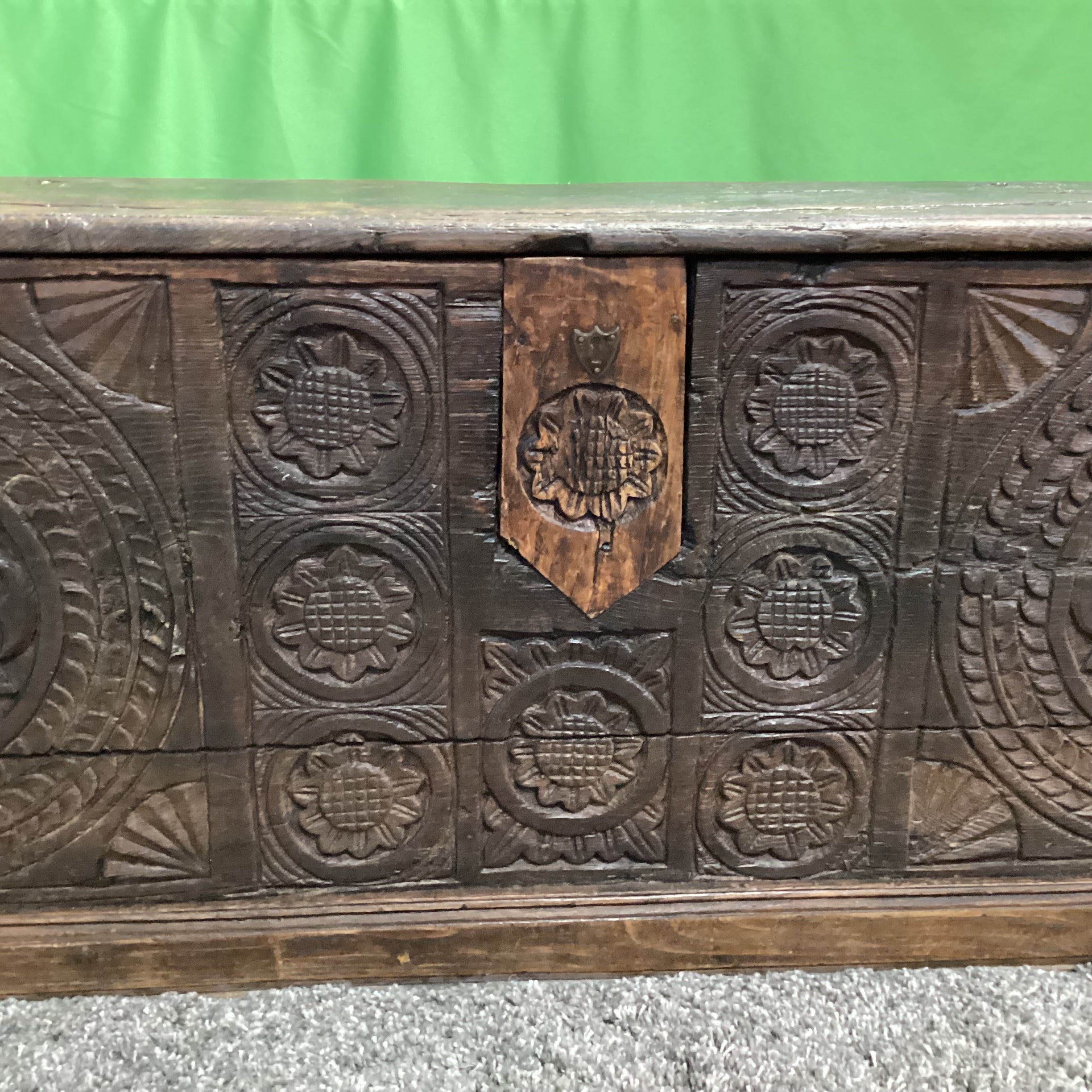Antique 13th to 17th Century European Chip Carved Oak Hexagram & Geometric Rosettes Blanket Chest or Dowry Trunk 68"x 24"x 24"