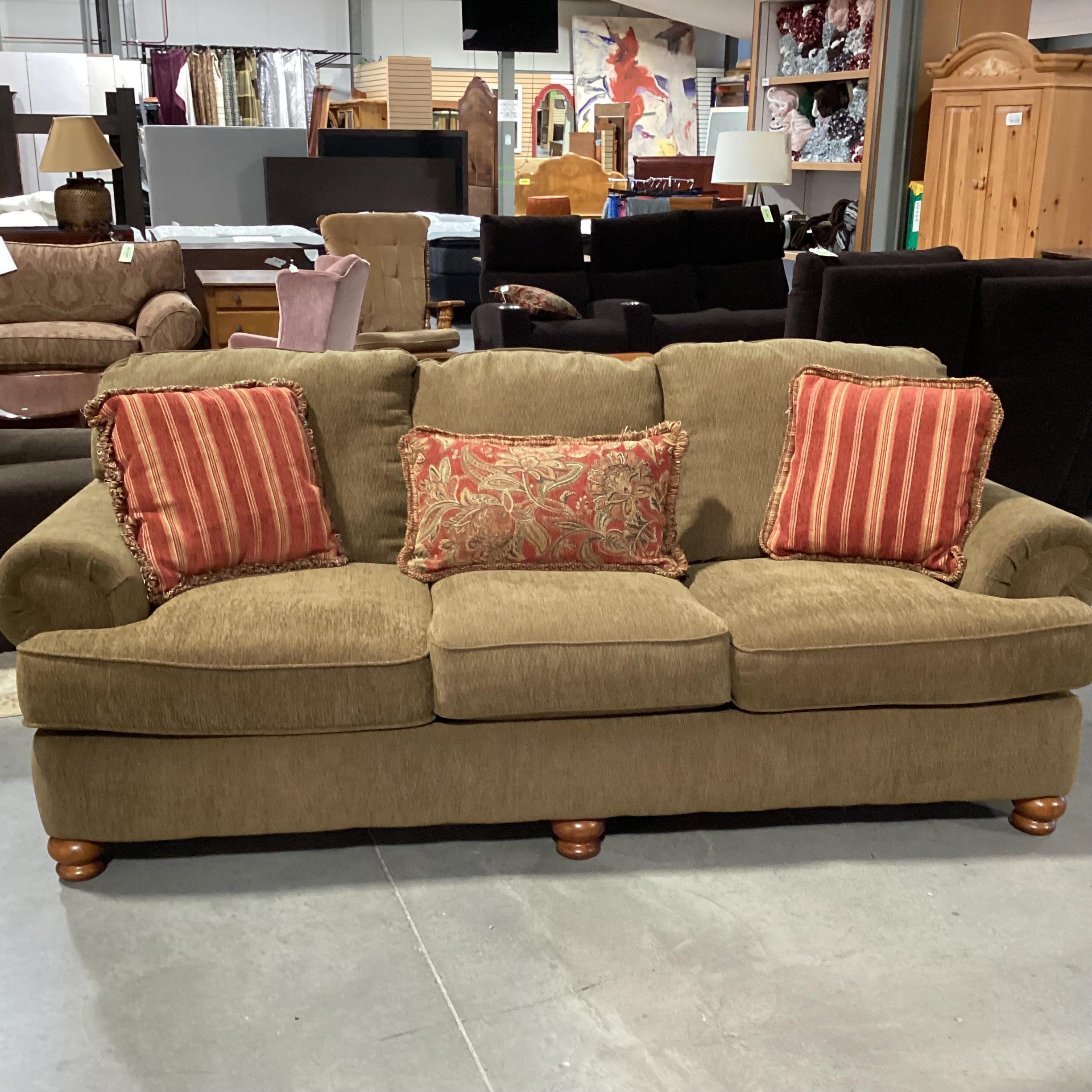 Olive Brown Texture Woven Upholstery with Accent Pillows Sofa 96"x 40"x 32"