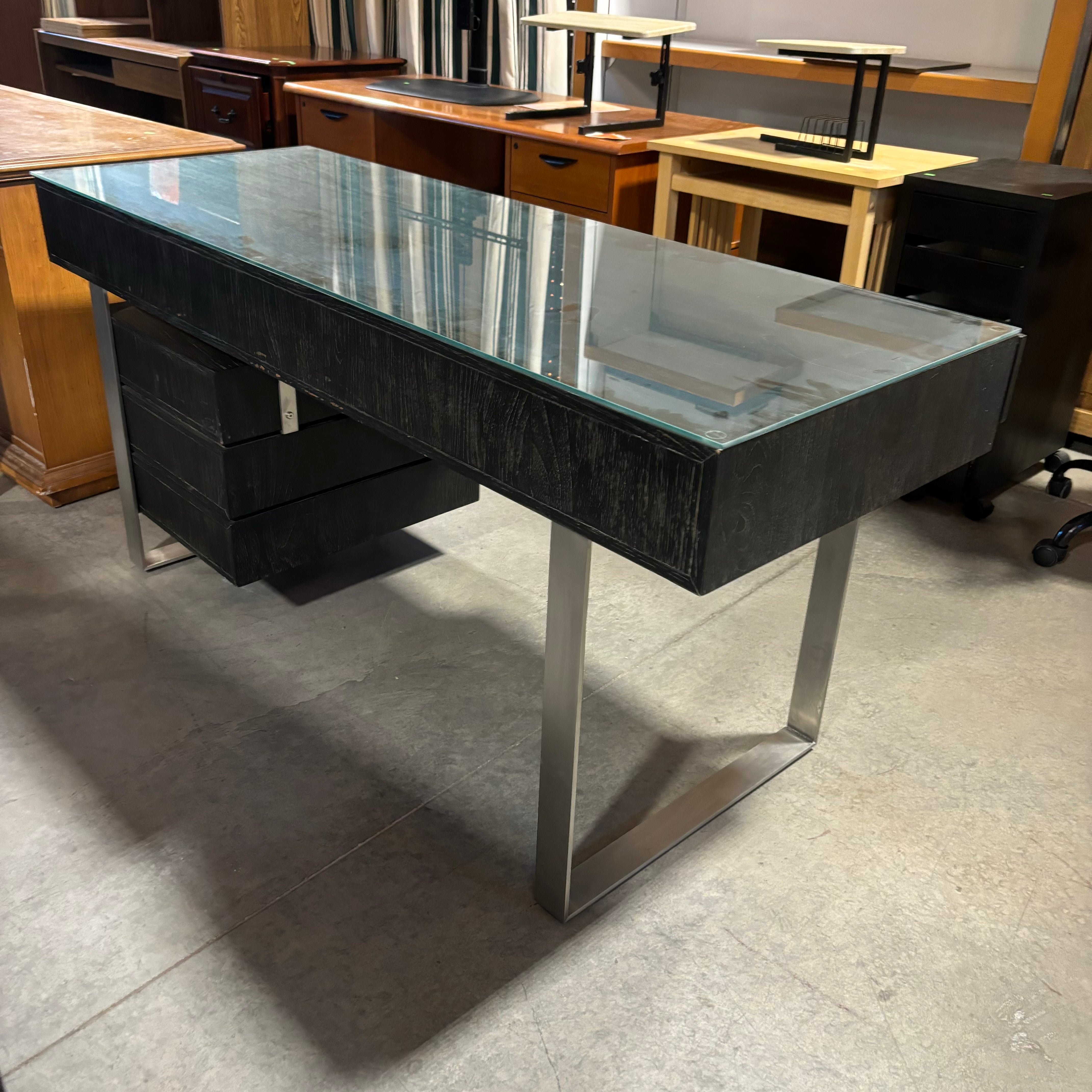 Brownstone Distressed Dark Wood with Steel Base & Glass Top 4 Drawer Desk 65"x 24"x 31"