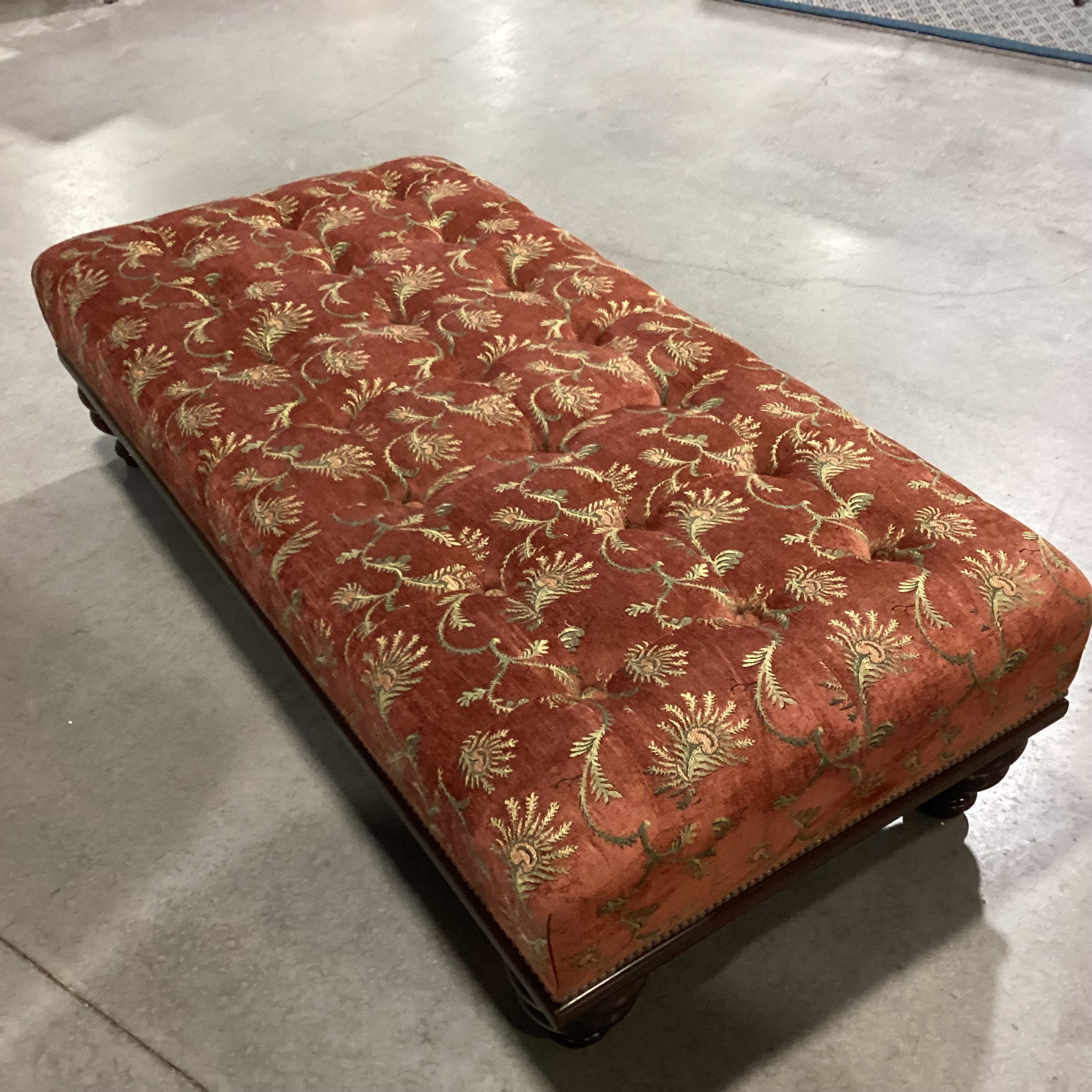 JJ Custom Rust with Gold Floral Woven Tufted Nailhead & Carved Wood Bench Ottoman 61"x 31"x 17.5"