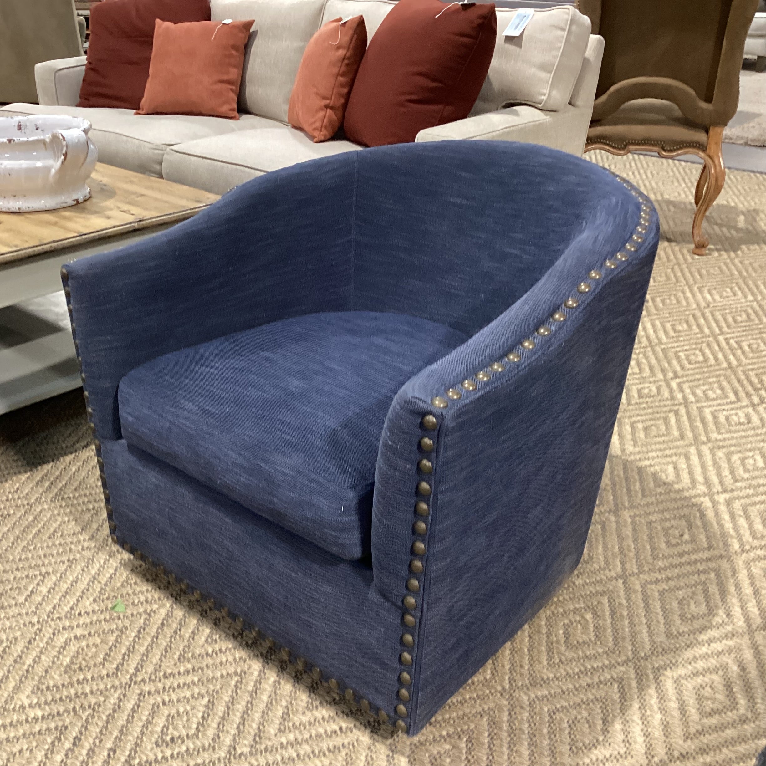 Bauhaus Furniture Woven Denim Look & Nailhead Barrel Swivel Chair 32"x 34"x 30"
