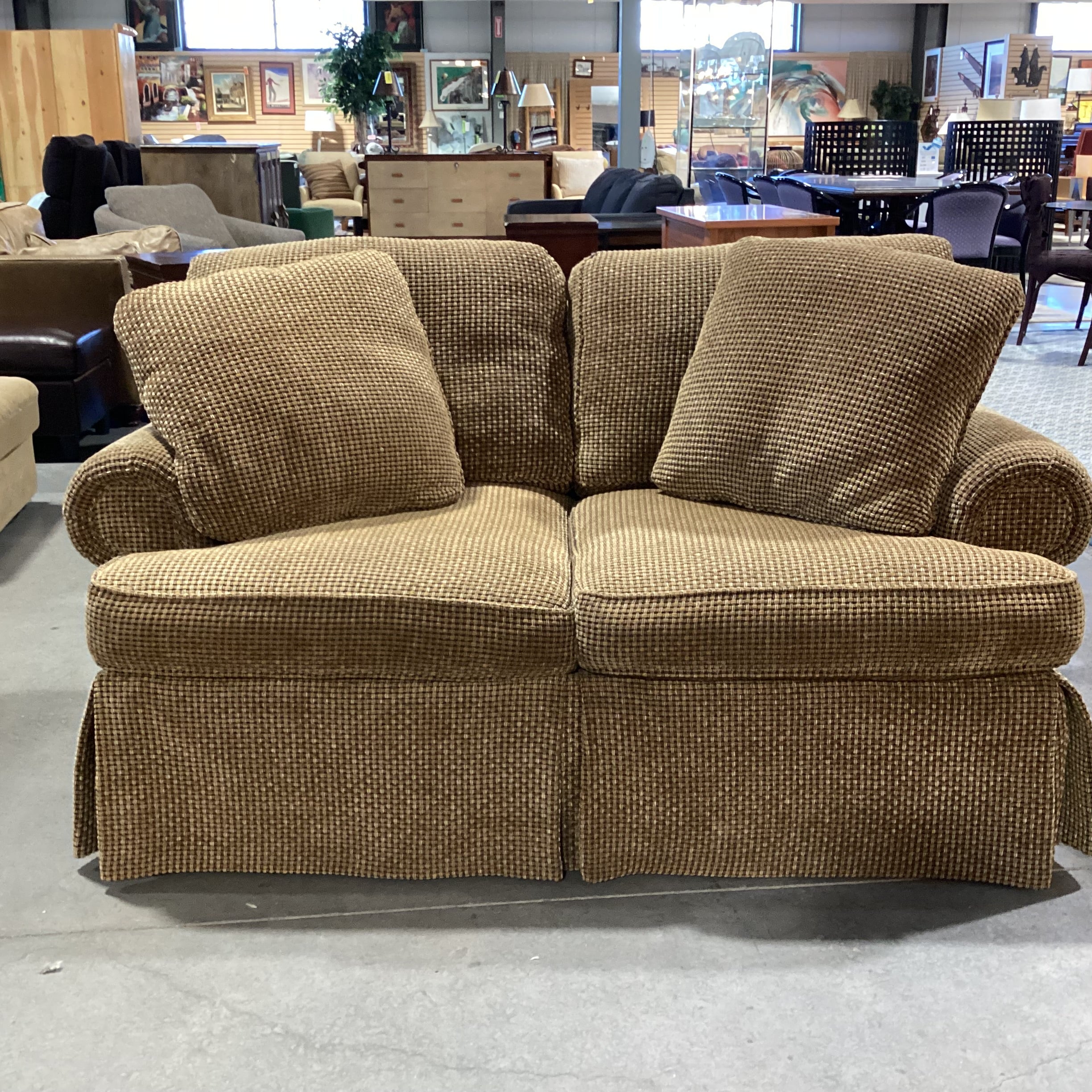 Perlmutter Freiwald Gold & Brown Basketweave Upholstered & Down Loveseat Sofa 63"x 35"x 31"