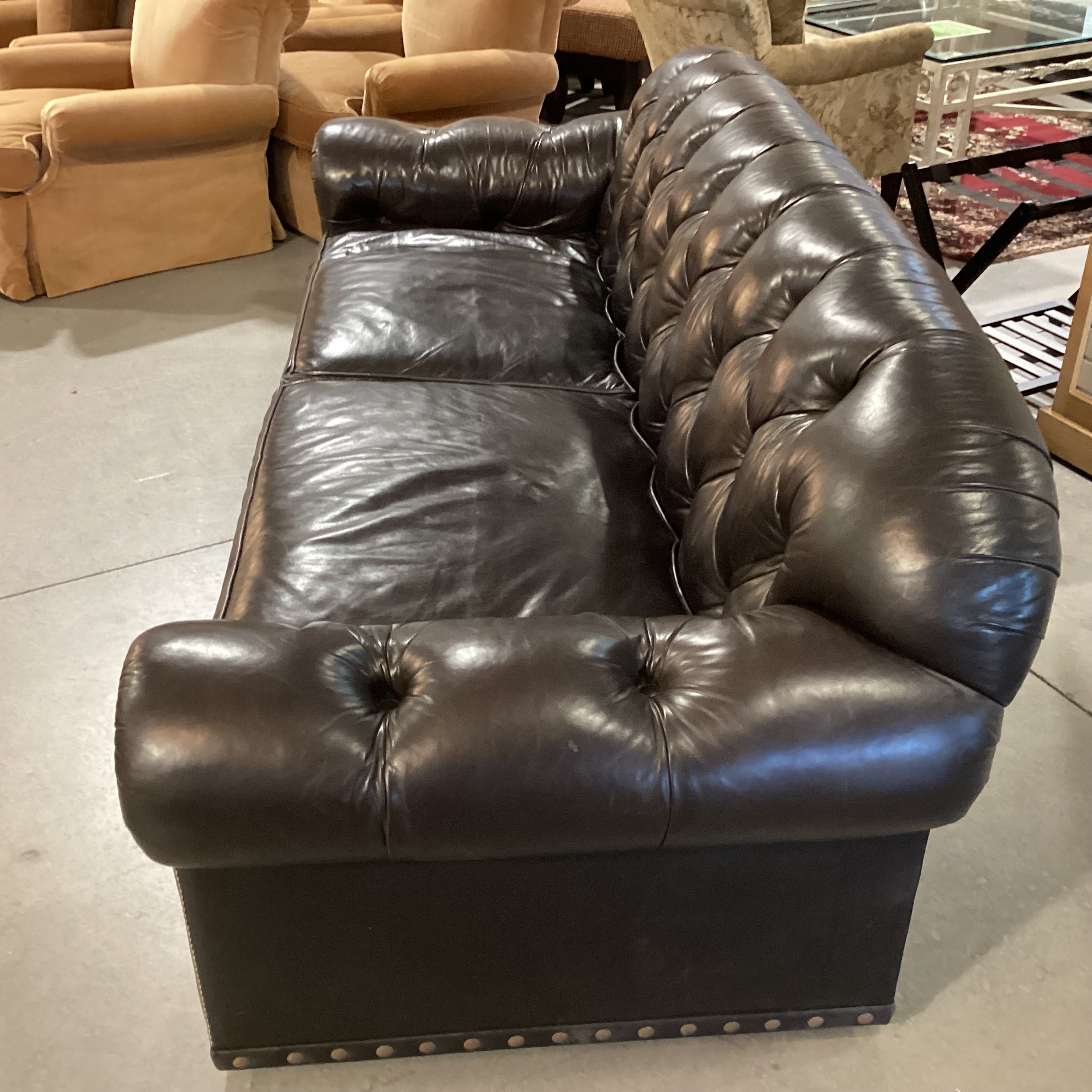 JJ Custom Dark Espresso Leather Tufted Down Mix with Nailhead Detail Sofa 98"x 40"x 36"