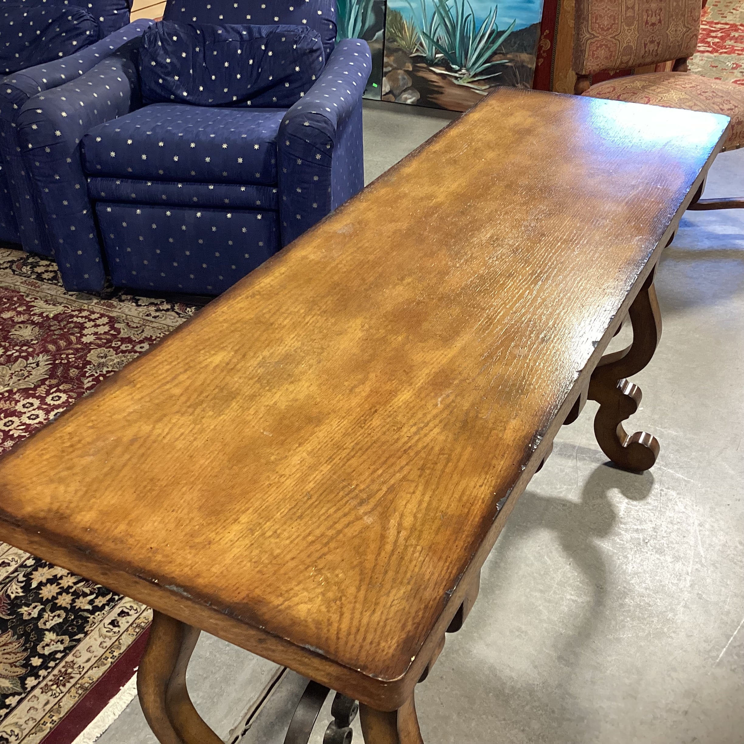 Maitland Smith Distressed Finish Carved Wood & Ornate Iron Trestle 3 Drawer Console Sofa Table 58"x 19"x 32"