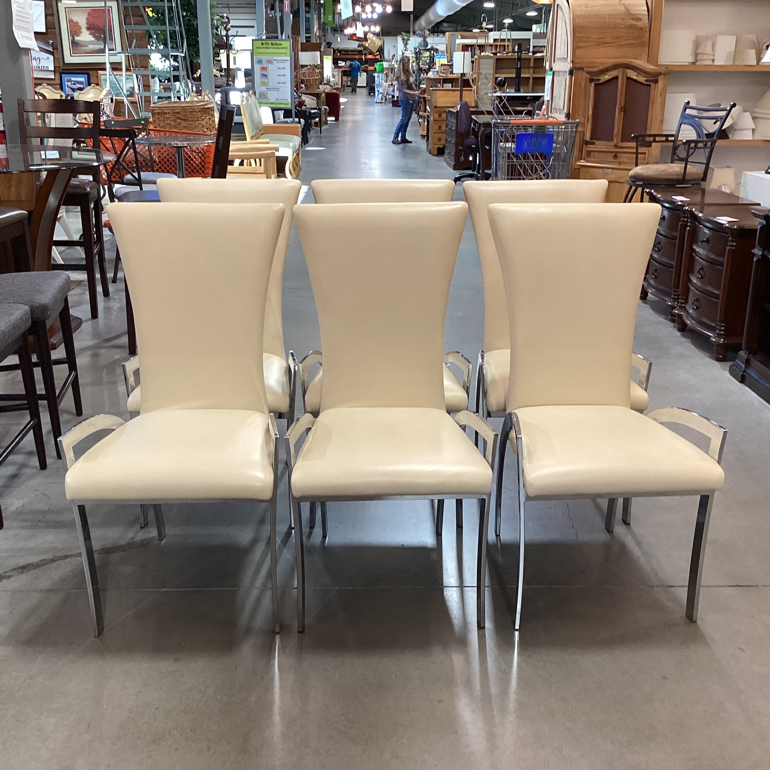 SET of 6 Elite Manufacturing Modern Blonde Leather & Chrome Dining Chairs 20"x 24"x 40"