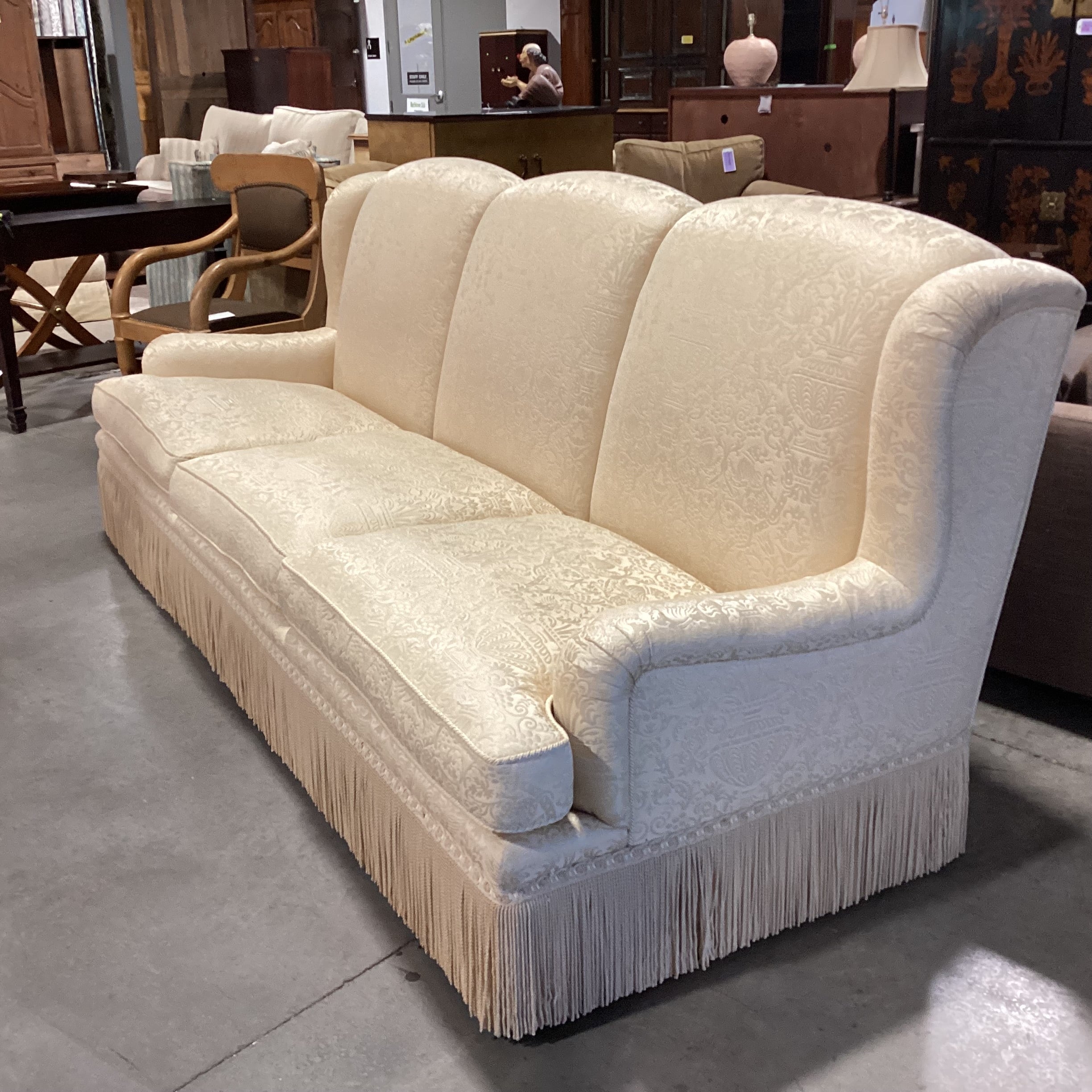 Custom Gold Raised Stitched Floral Urns with Piping & Fringe Down Mix High Back Sofa 102"x 41"x 41"