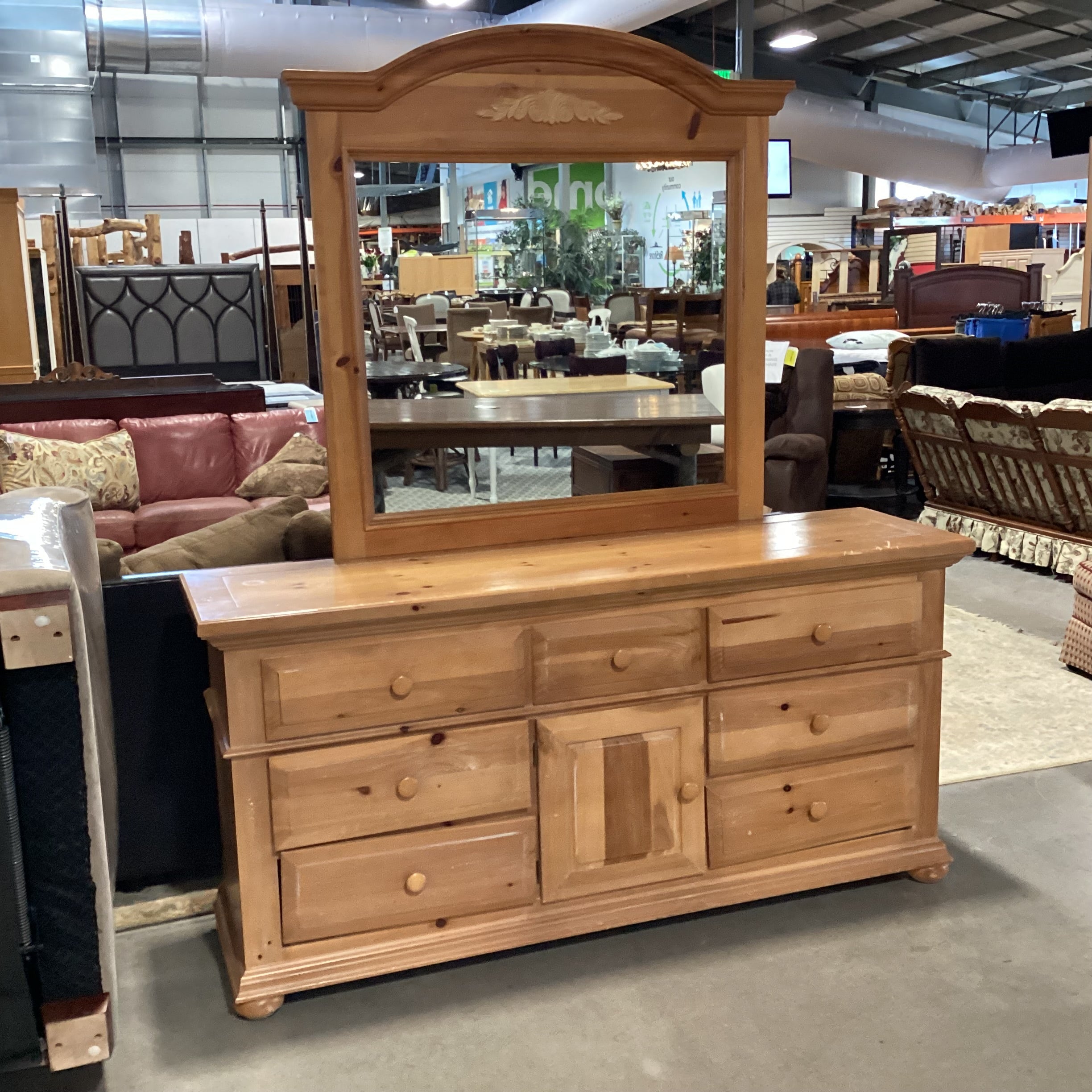 Bassett Distressed Light Pine 9 Drawer with Mirror Dresser 70"x 19"x 80"